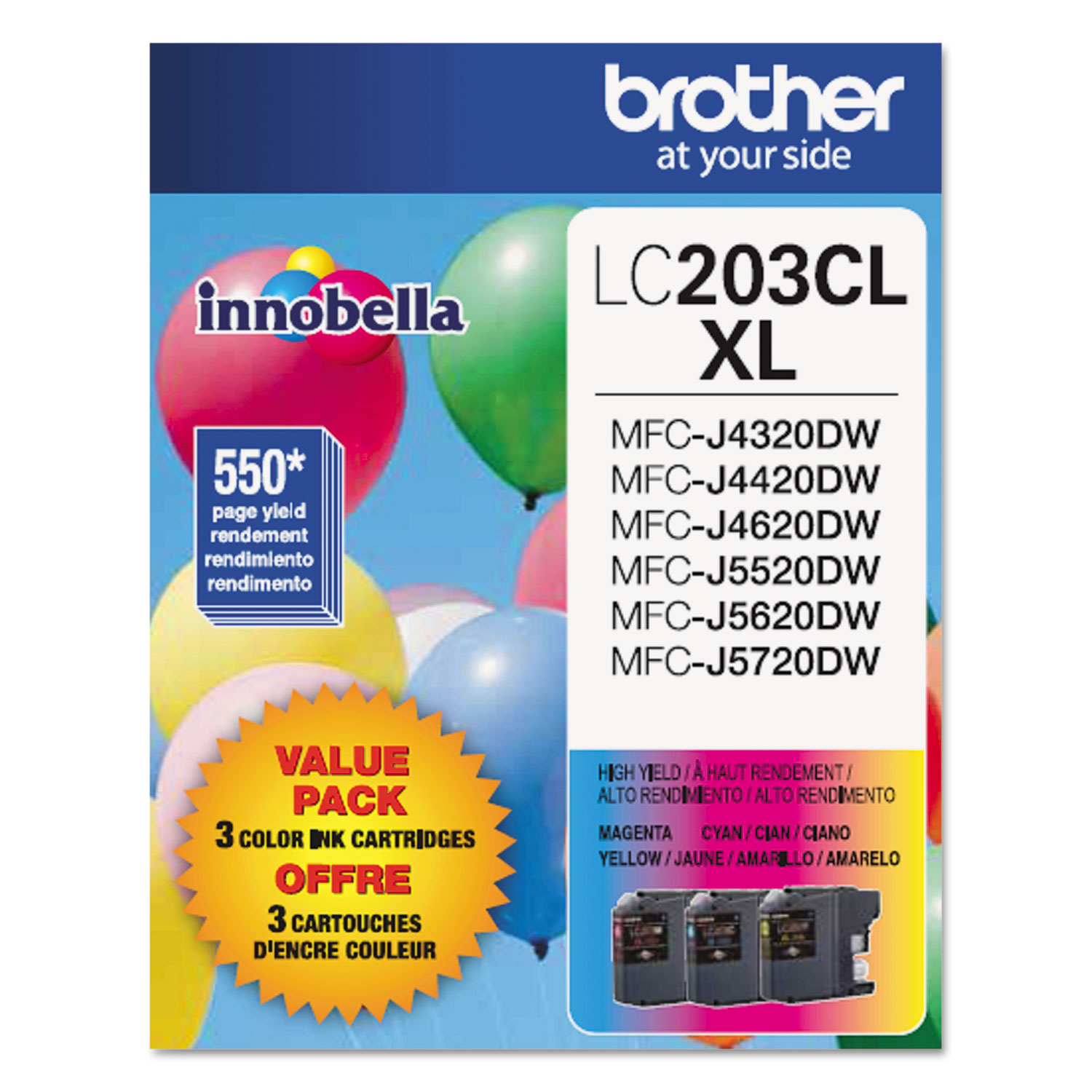  Brother LC2033PKS LC2033PKS Innobella High-Yield Ink, 550 Page-Yield, Cyan/Magenta/Yellow (BRTLC2033PKS) 