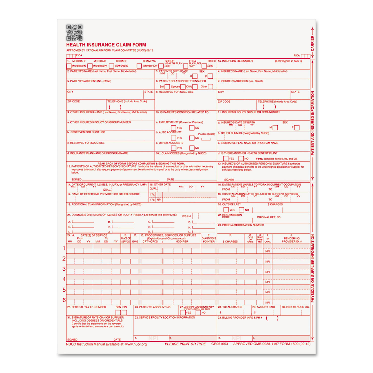 CMS 02/12 Insurance Claim Form, 8 1/2 x 11, 250 Forms