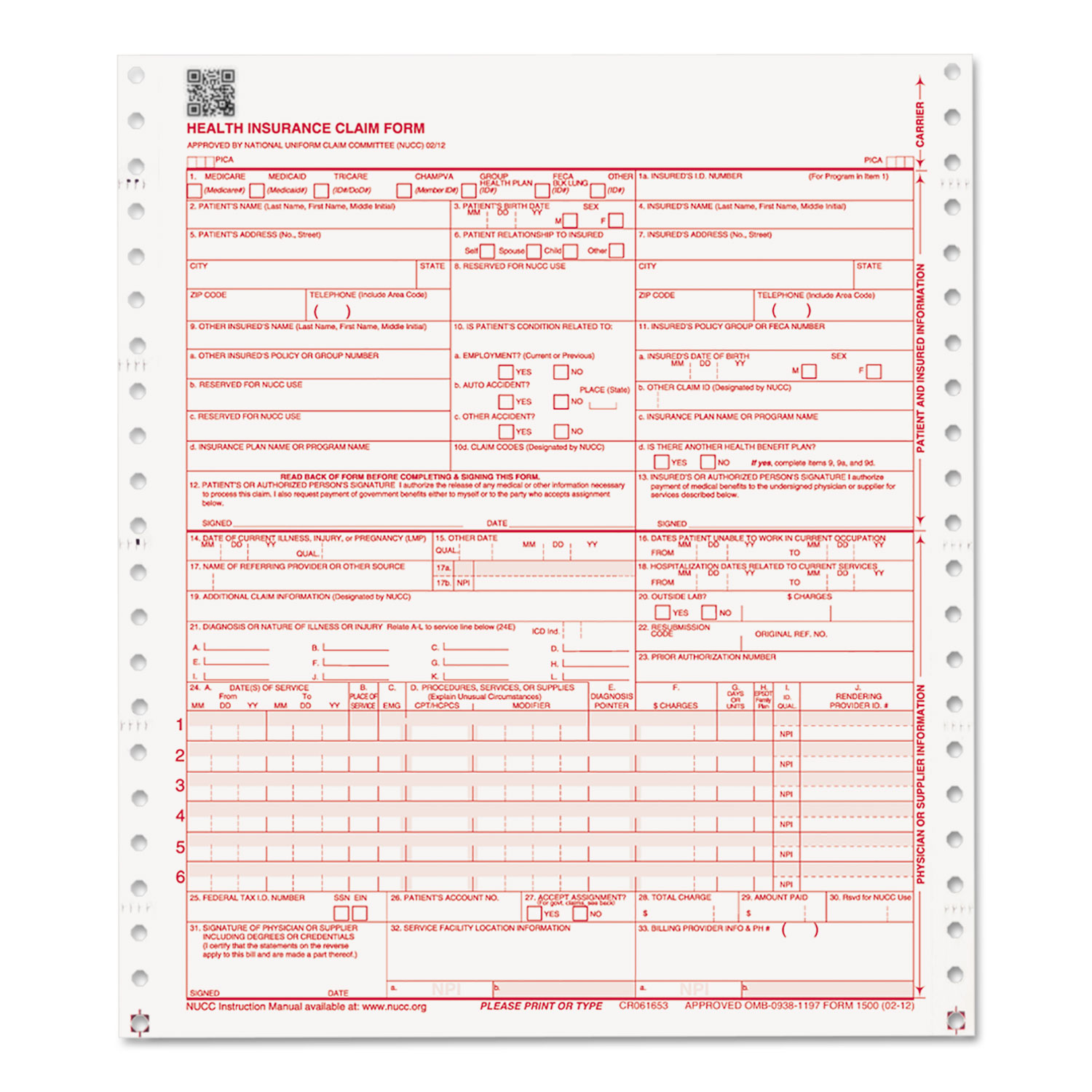 CMS 02/12 Insurance Claim Form, 1-Part Continuous White, 9 1/2 x 11, 2500 Forms