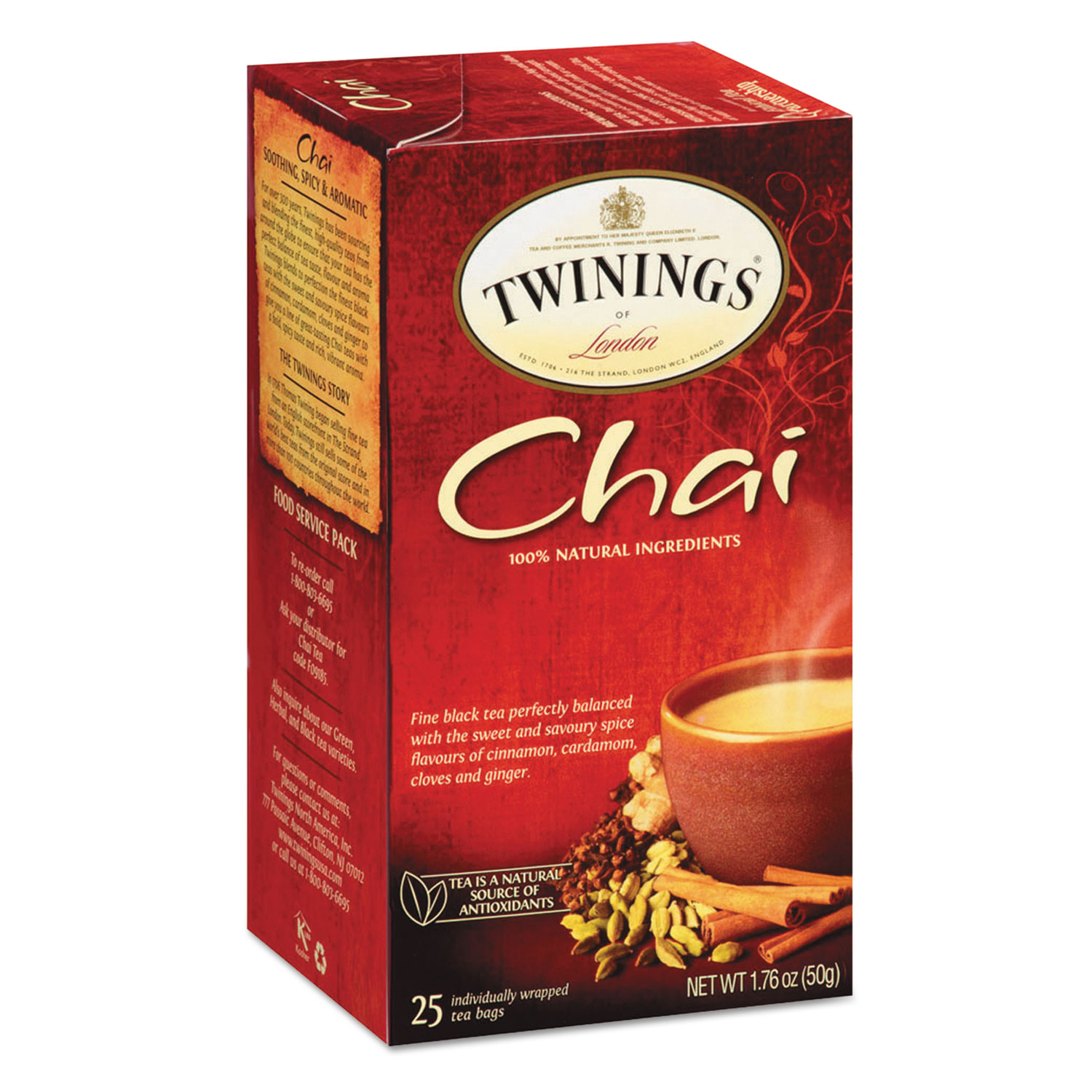 TWININGS® Tea Bags, Chai, 1.76 oz, 25/Box