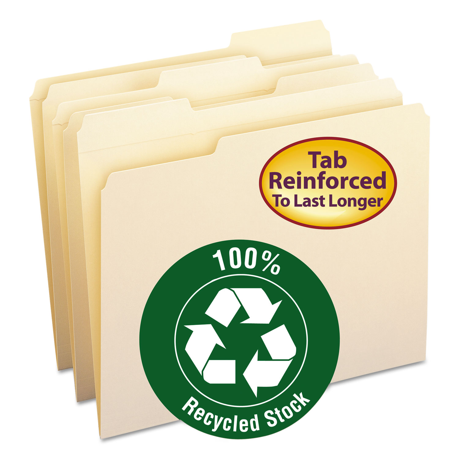 100% Recycled Reinforced Top Tab File Folders, 1/3-Cut Tabs, Letter Size, Manila, 100/Box