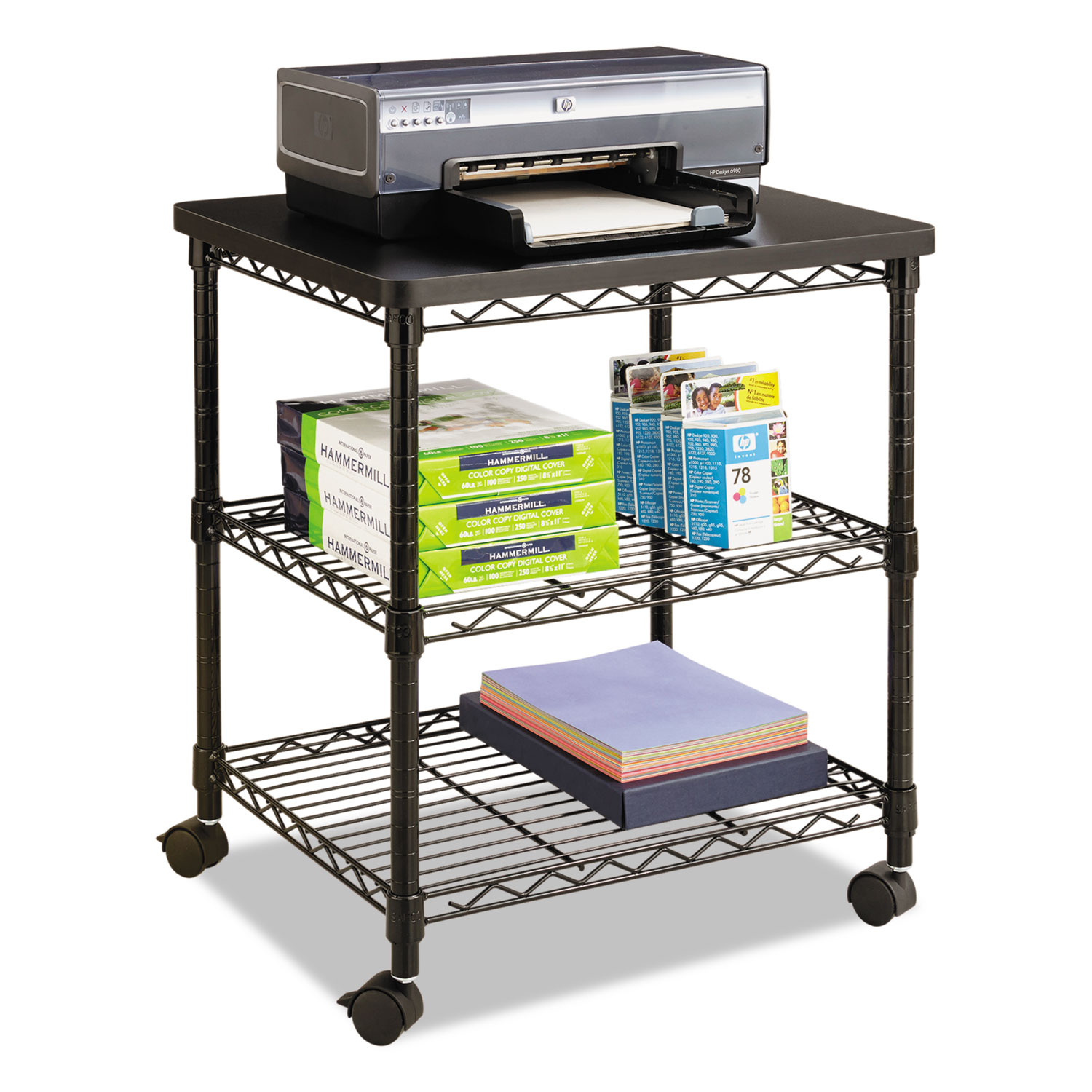  Safco 5207BL Desk Side Wire Machine Stand, Three-Shelf, 24w x 20d x 27h, Black (SAF5207BL) 