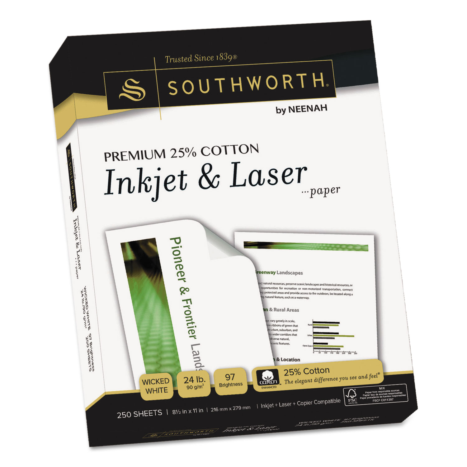  Southworth J344C Premium 25% Cotton Paper, 97 Bright, 24 lb, 8.5 x 11, Wicked White, 250/Pack (SOUJ344C) 