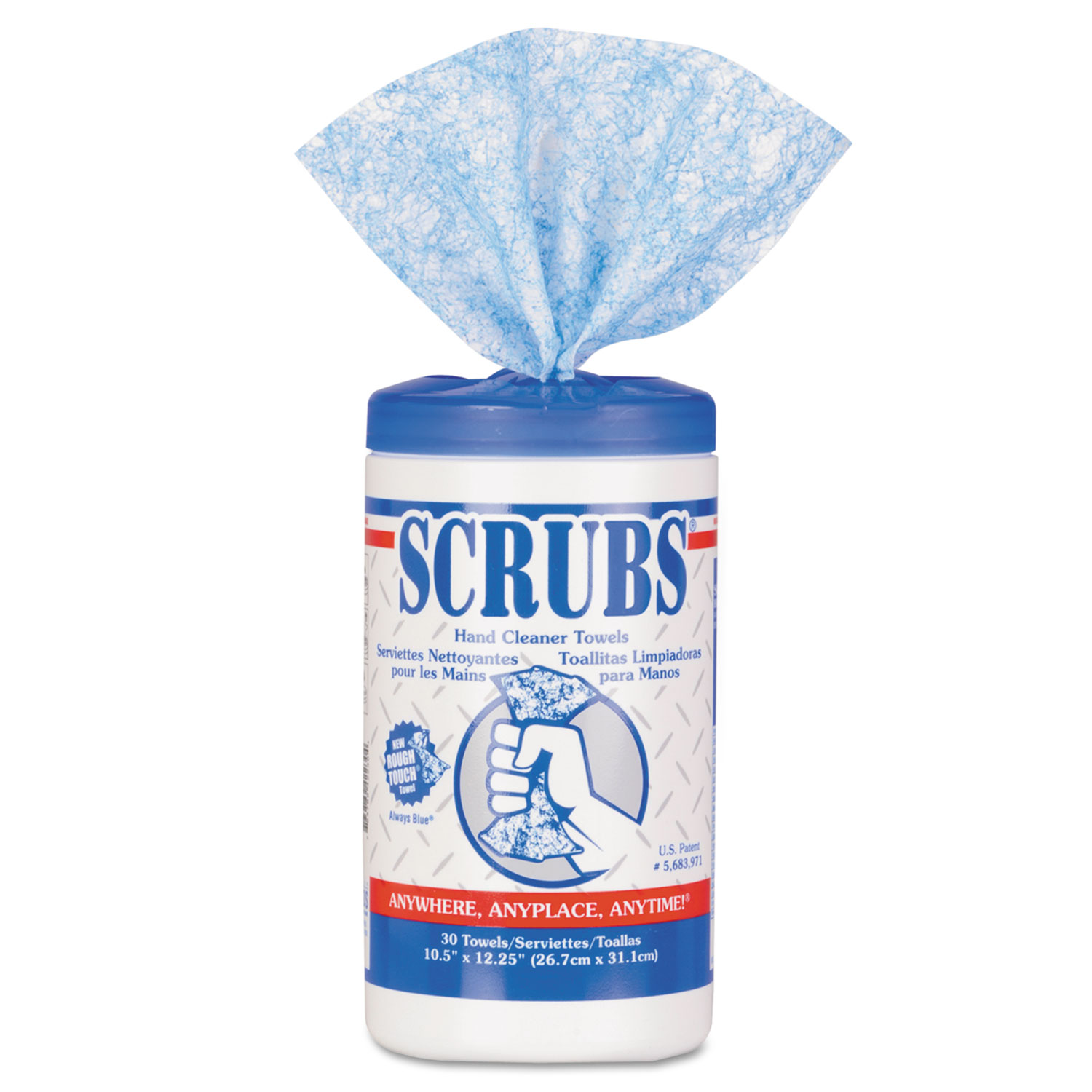  SCRUBS 42230 Hand Cleaner Towels, 10 x 12, Blue/White, 30/Canister (ITW42230) 