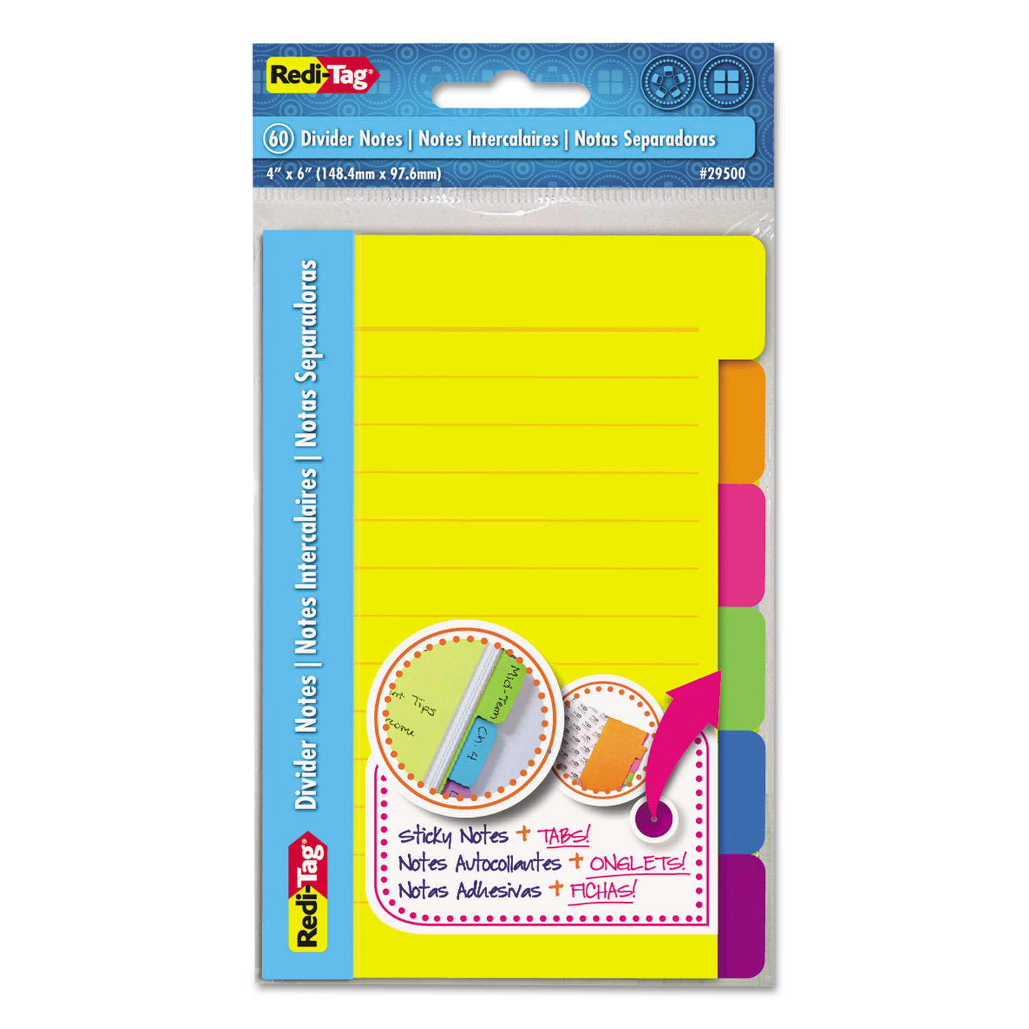  Redi-Tag 29500 Index Sticky Notes, 4 x 6, Ruled, Assorted Colors, 60-Sheet Pad (RTG29500) 