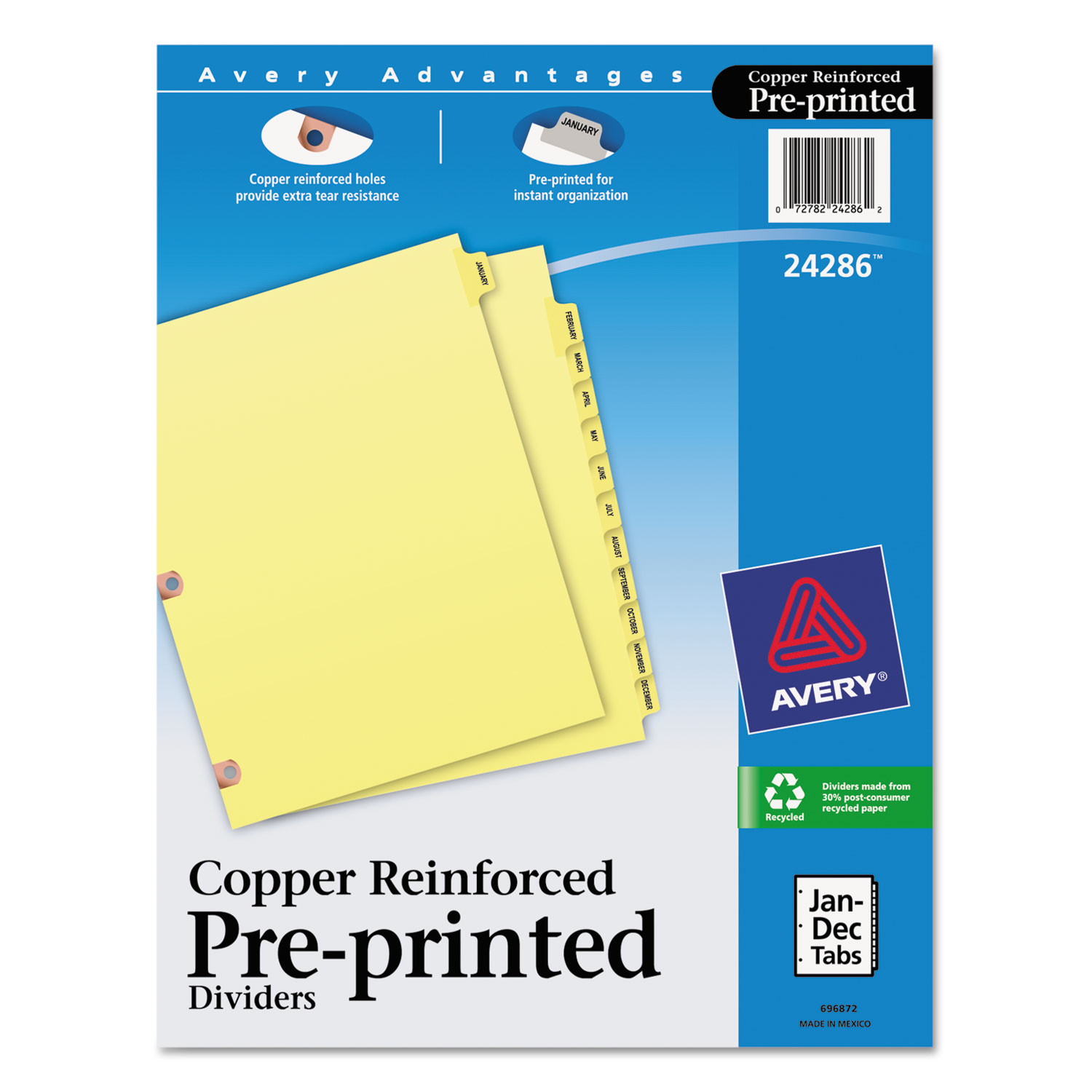 Preprinted Laminated Tab Dividers w/Copper Reinforced Holes, 12-Tab, Letter