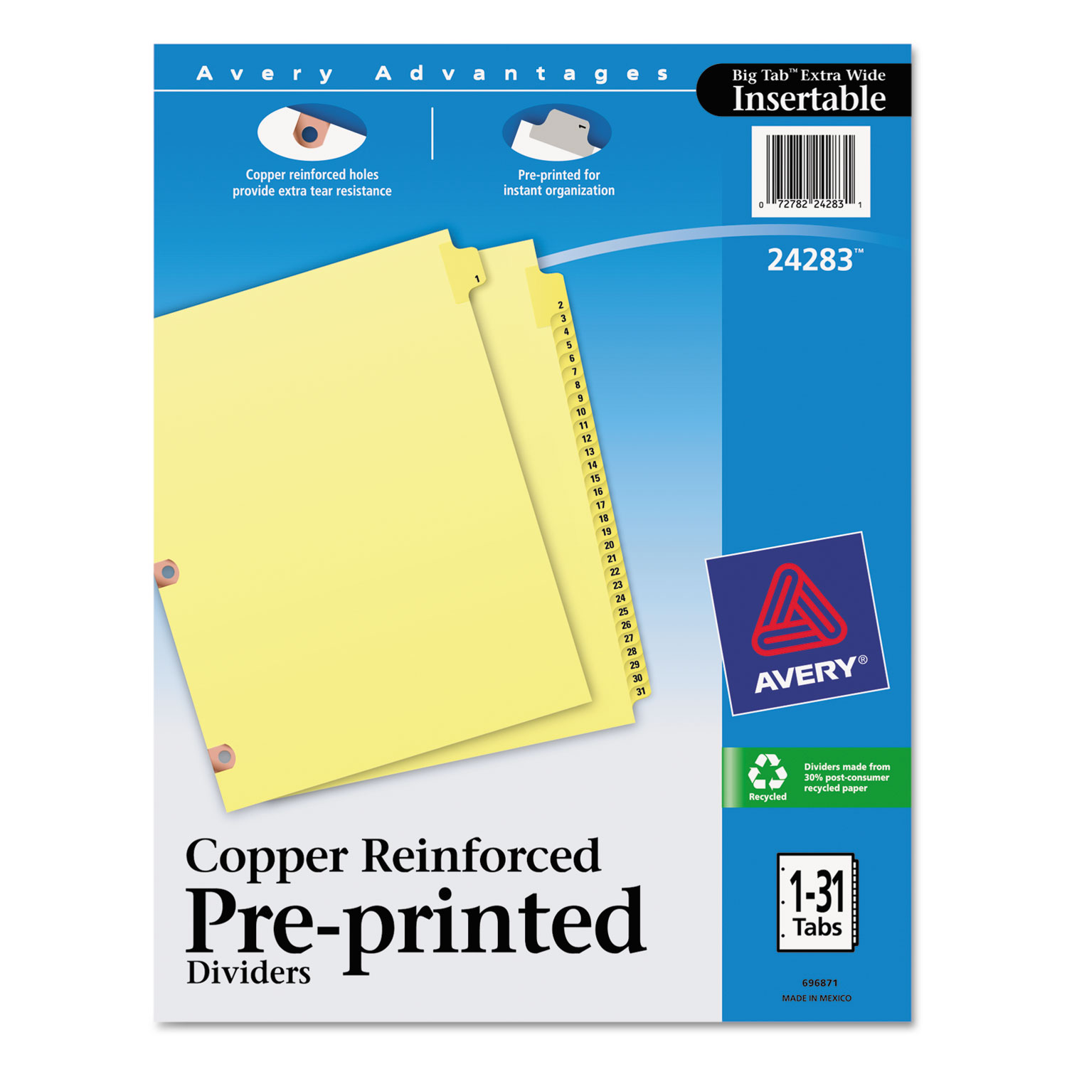  Avery 24283 Preprinted Laminated Tab Dividers w/Copper Reinforced Holes, 31-Tab, Letter (AVE24283) 