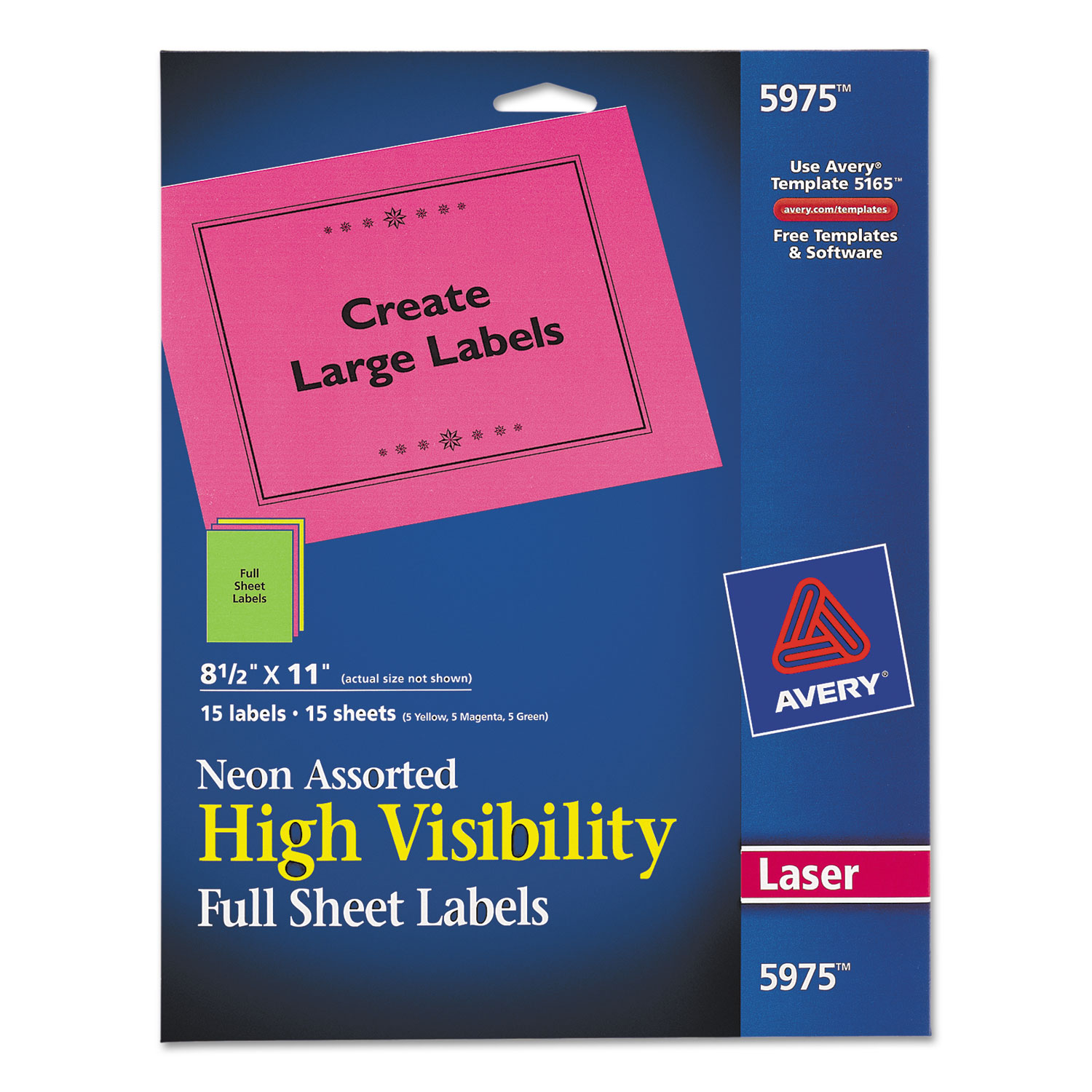  Avery 05975 High-Visibility Permanent Laser ID Labels, 8 1/2 x 11, Asst. Neon, 15/Pack (AVE5975) 