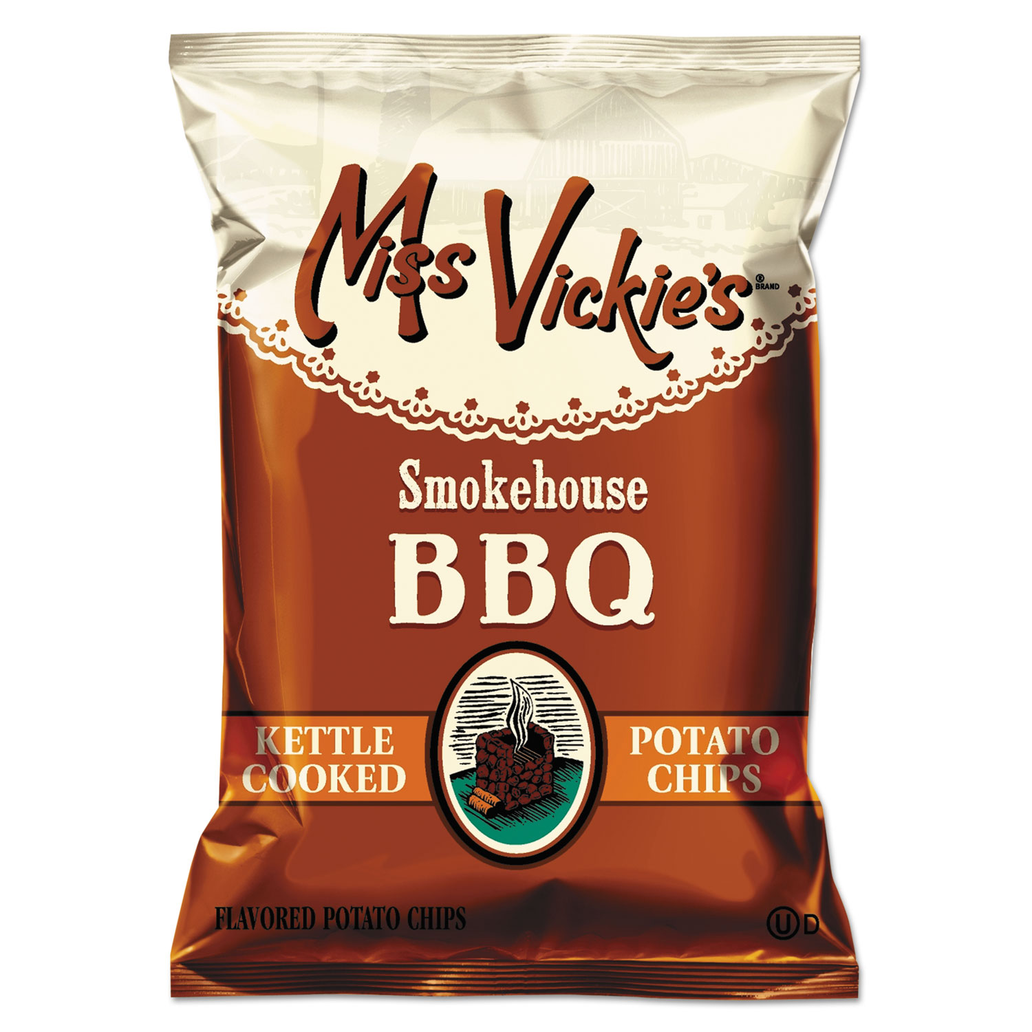  Miss Vickie's 44451 Kettle Cooked Smokehouse BBQ Potato Chips, 1.375 oz Bag, 64/Carton (LAY44451) 