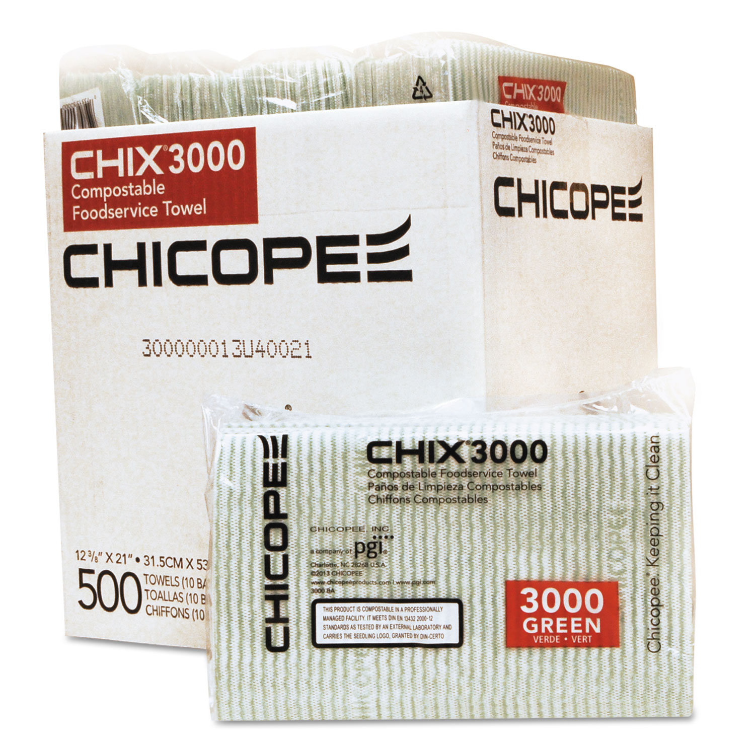  Chix 3000 Compostable Food Service Towels, 12 3/8 x 21, White w/Green Stripe, 500/Carton (CHI3000) 