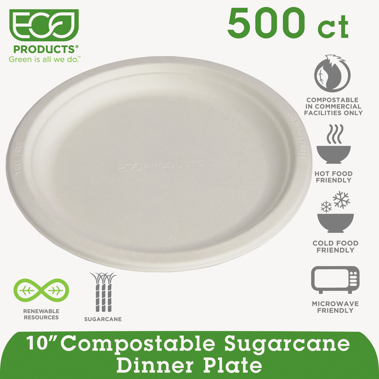  Eco-Products EP-P005 Renewable & Compostable Sugarcane Plates - 10, 500/CT (ECOEPP005) 