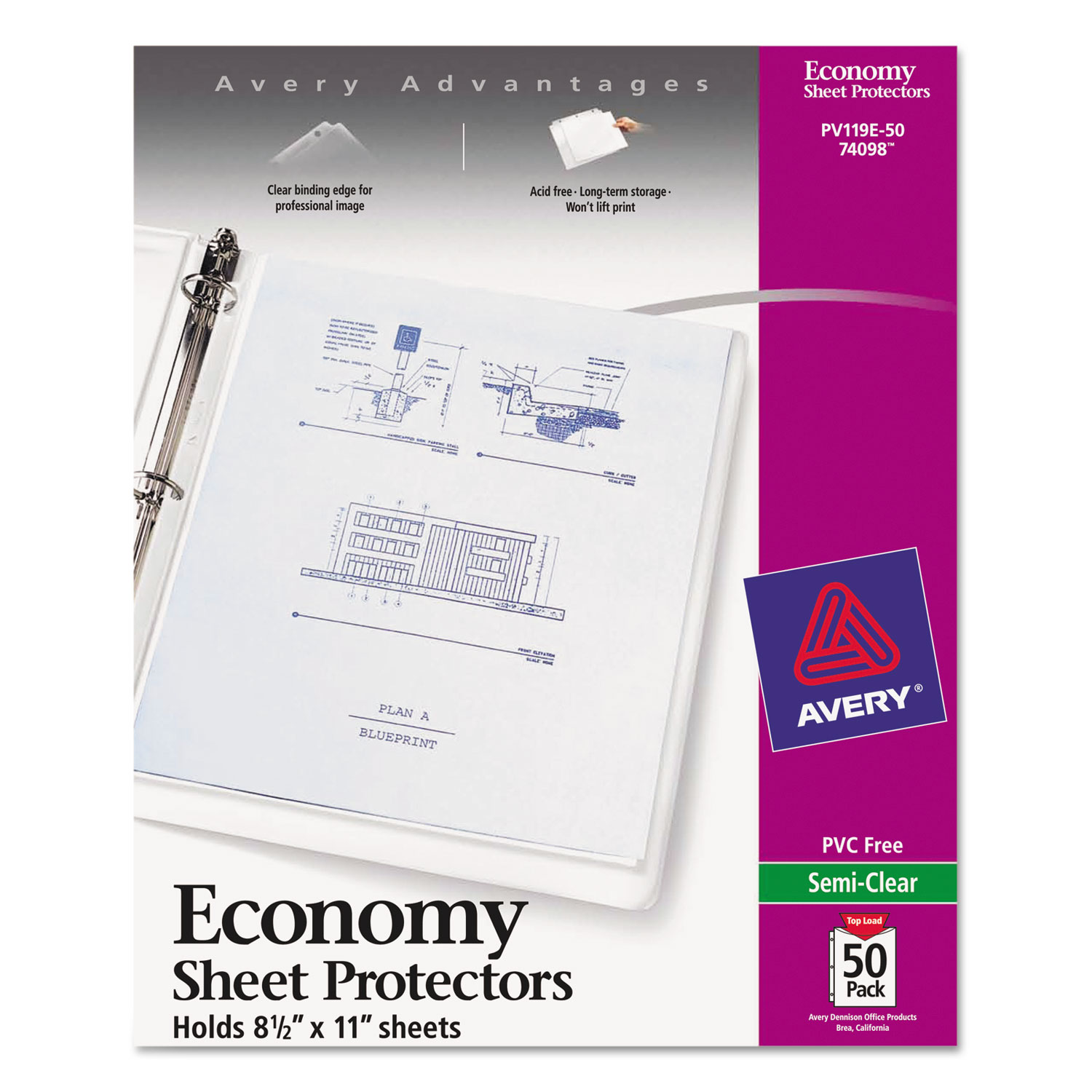  Avery 74098 Top-Load Sheet Protector, Economy Gauge, Letter, Semi-Clear, 50/Box (AVE74098) 