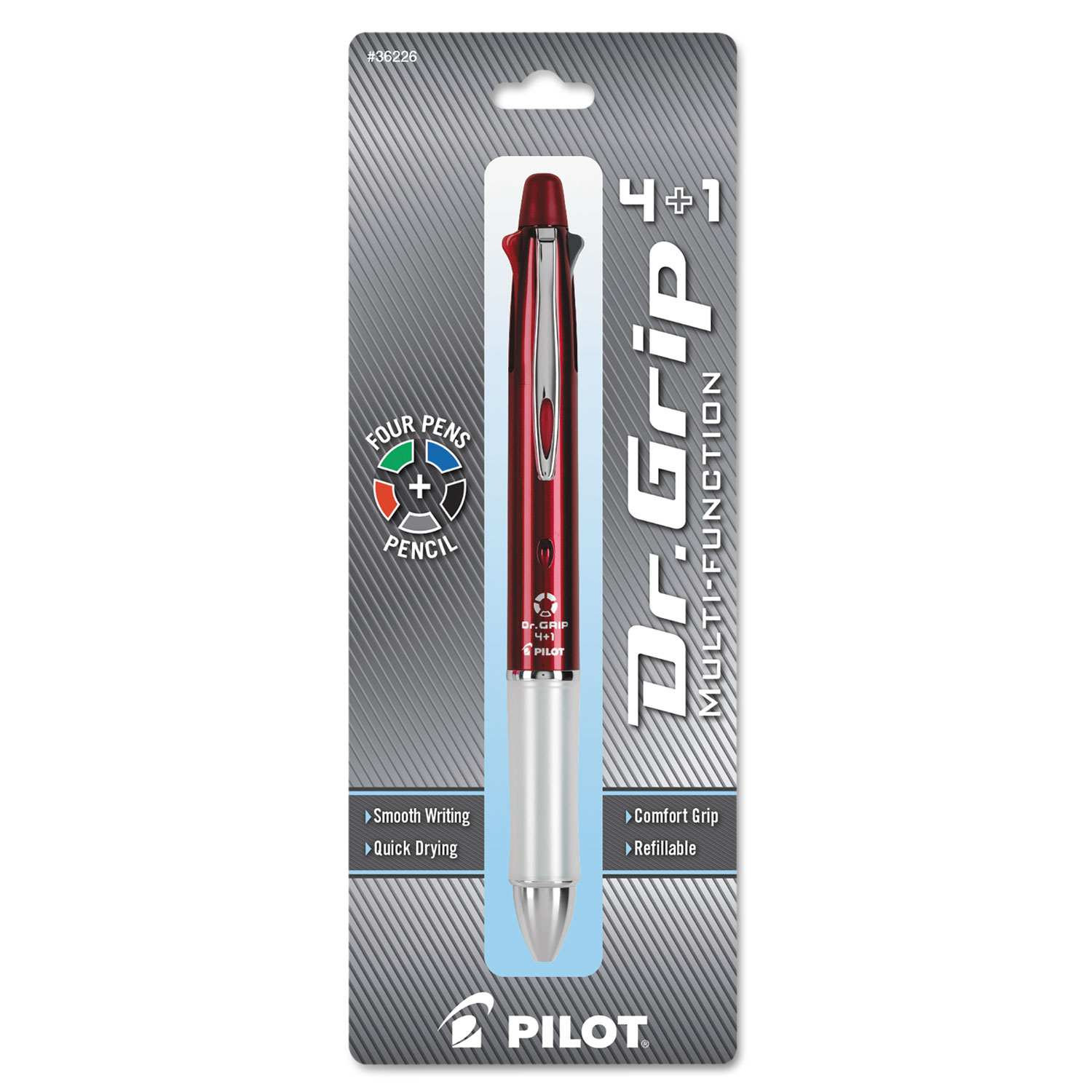  Pilot 36226 Dr. Grip 4 + 1 Retractable Ballpoint Pen/Pencil, BK/BE/GN/Red Ink, Burgundy Barrel (PIL36226) 