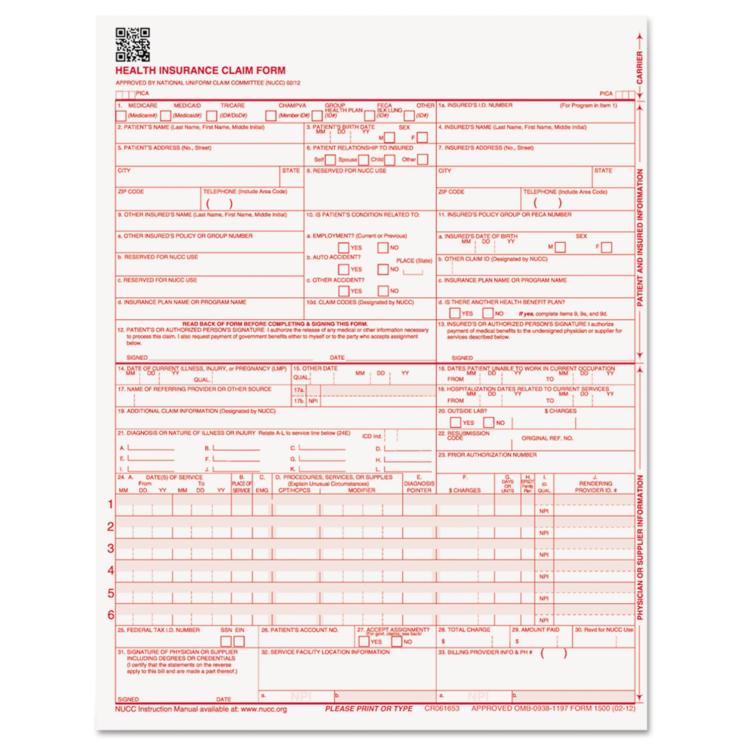 CMS 02/12 Insurance Claim Form, 8 1/2 x 11, 500 Forms