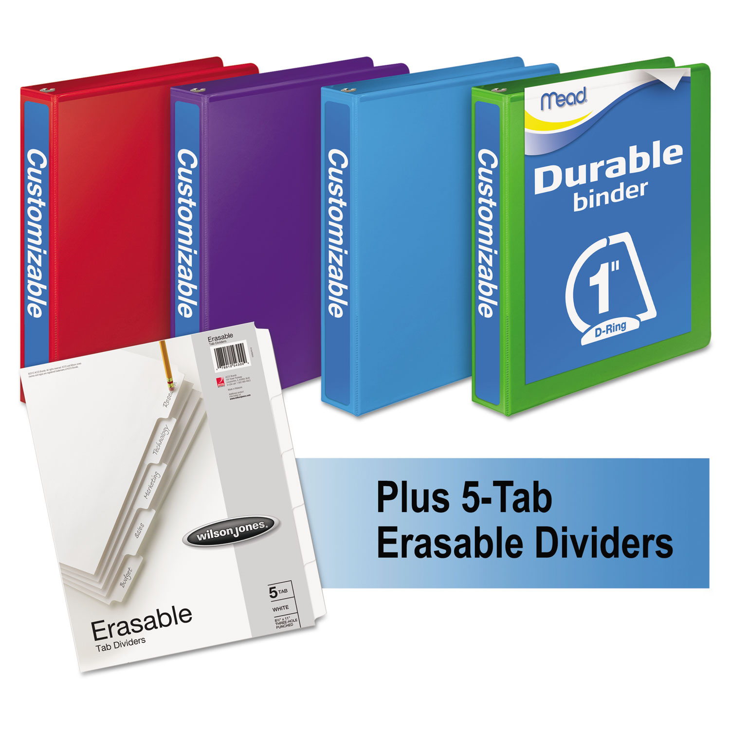  Mead W665-14AUPP1 Durable D-Ring View Binder Plus Pack, 3 Rings, 1 Capacity, 11 x 8.5, Assorted, 4/Carton (MEA66514AU) 