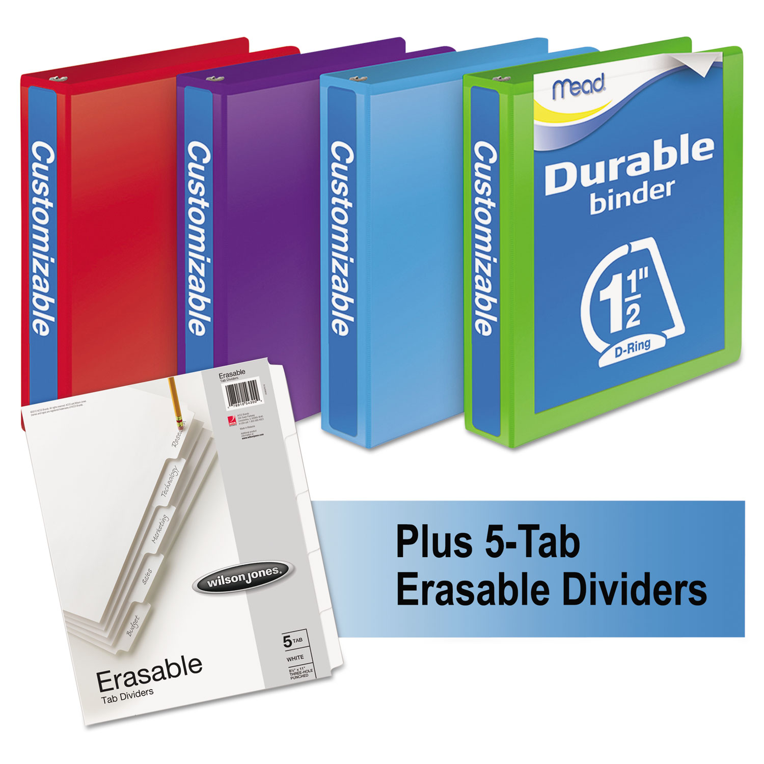  Mead W665-34AUPP1 Durable D-Ring View Binder Plus Pack, 3 Rings, 1.5 Capacity, 11 x 8.5, Assorted, 4/Carton (MEA66534AU) 