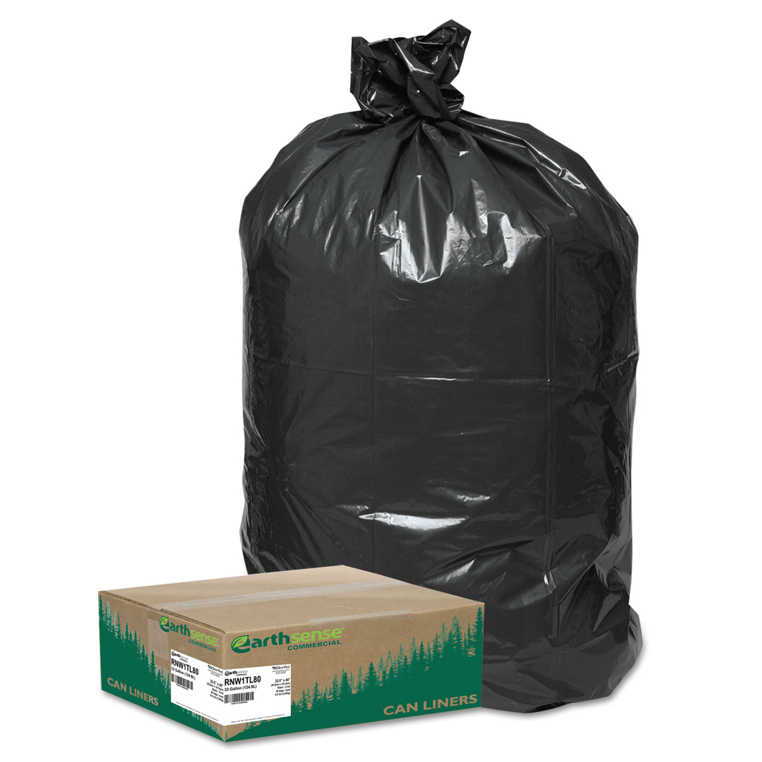 Earthsense Commercial Recycled Large Trash and Yard Bags 33gal .9mil 32.5 x 40 Black 80/Carton