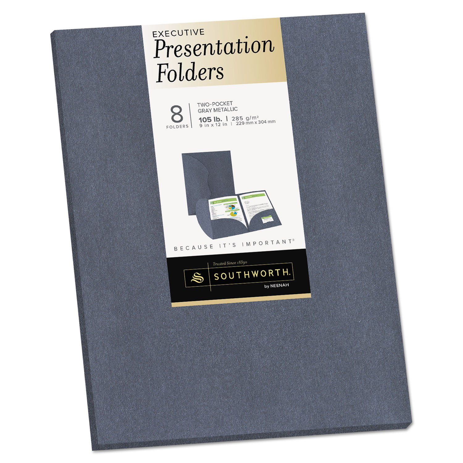 Two-Pocket Presentation Folders, 8 1/2 x 11, Gray Metallic, 8/Pack