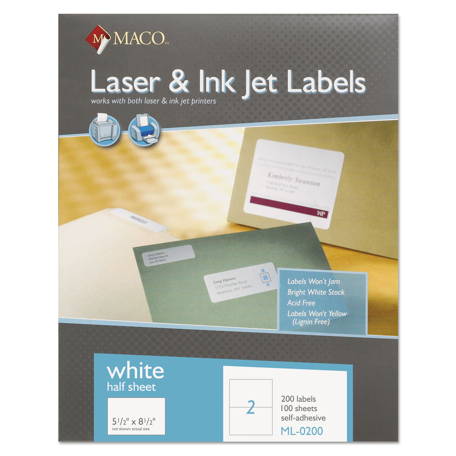  MACO MML-0200 White Laser/Inkjet Internet Shipping Labels, Inkjet/Laser Printers, 5.5 x 8.5, White, 2/Sheet, 100 Sheets/Box (MACML0200) 