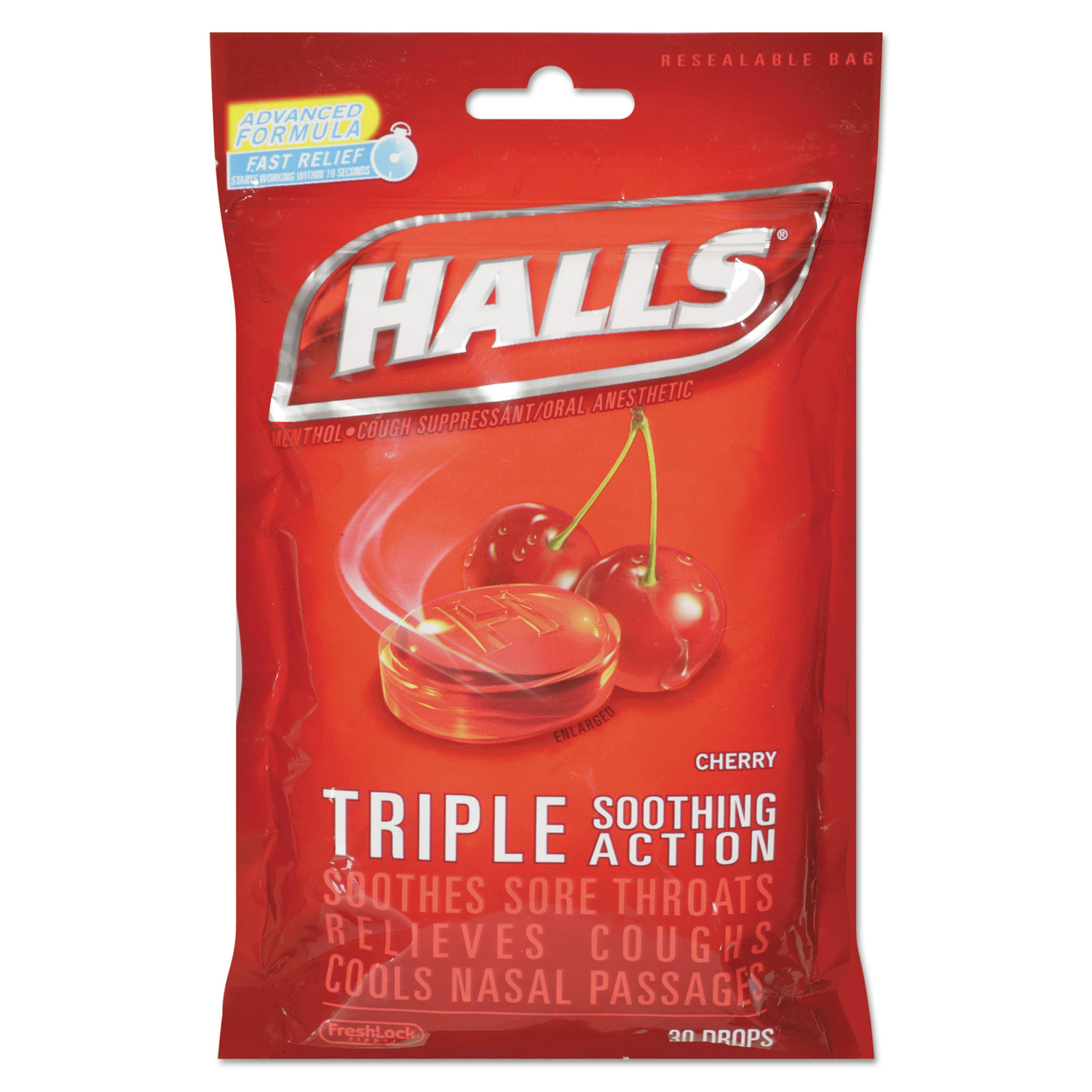  HALLS 03 12546 62182 00 Triple Action Cough Drops, Cherry, 30/Bag, 12 Bags/Box (CDB27499) 