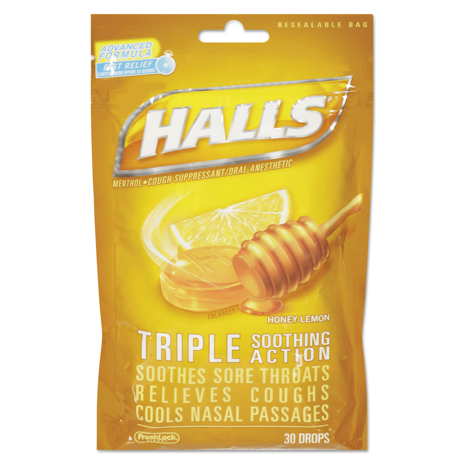  HALLS 03 12546 62183 00 Triple Action Cough Drops, Honey-Lemon, 30/Bag, 12 Bags/Box (CDB28694) 