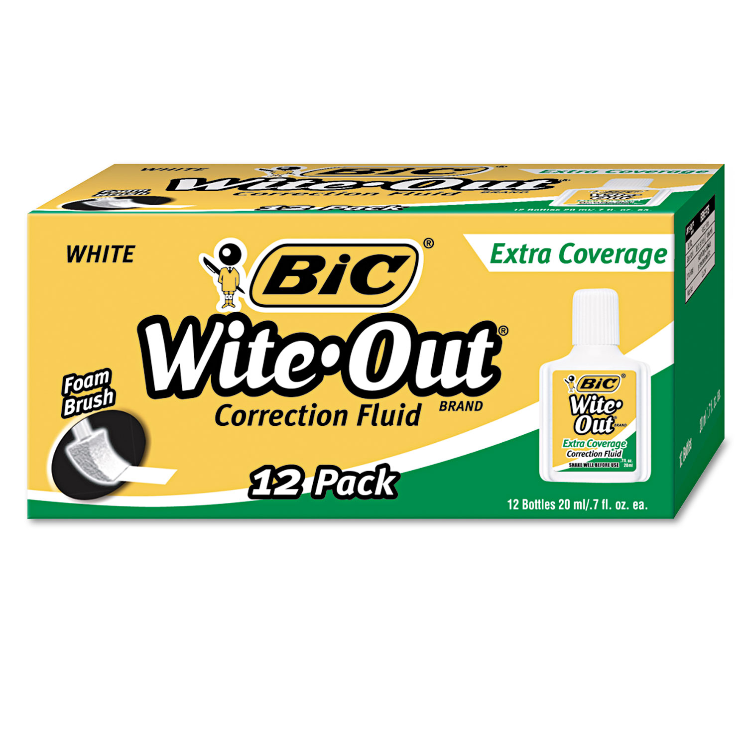  BIC WOFEC12 WHI Wite-Out Extra Coverage Correction Fluid, 20 ml Bottle, White, 1/Dozen (BICWOFEC12WE) 