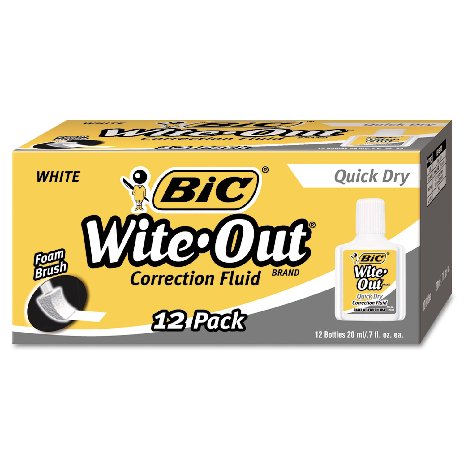  BIC WOFQD12 WHI Wite-Out Quick Dry Correction Fluid, 20 mL Bottle, White, 1/Dozen (BICWOFQD12WE) 