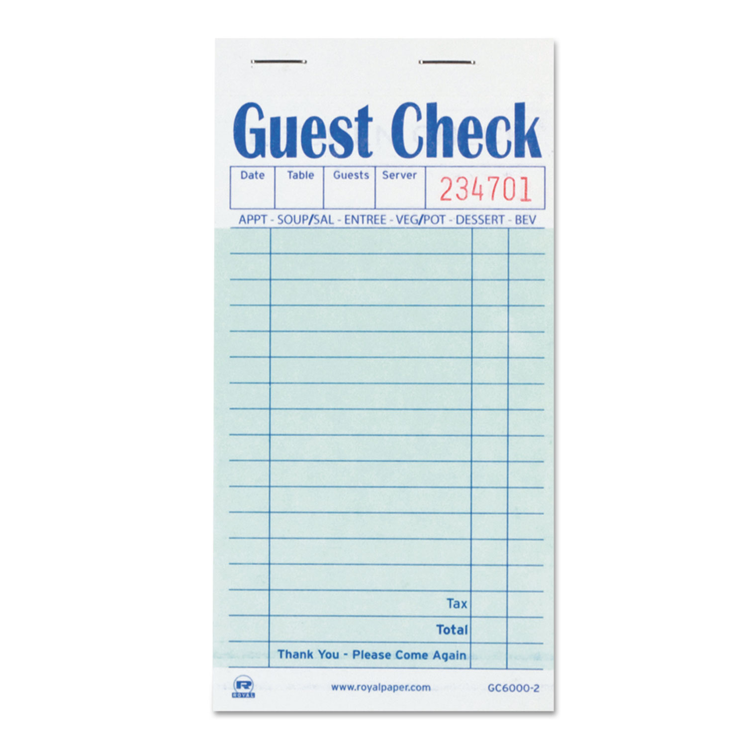 Guest Check Book, Carbon Duplicate, 3 1/2 x 6 7/10, 50/Book, 50 Books/Carton
