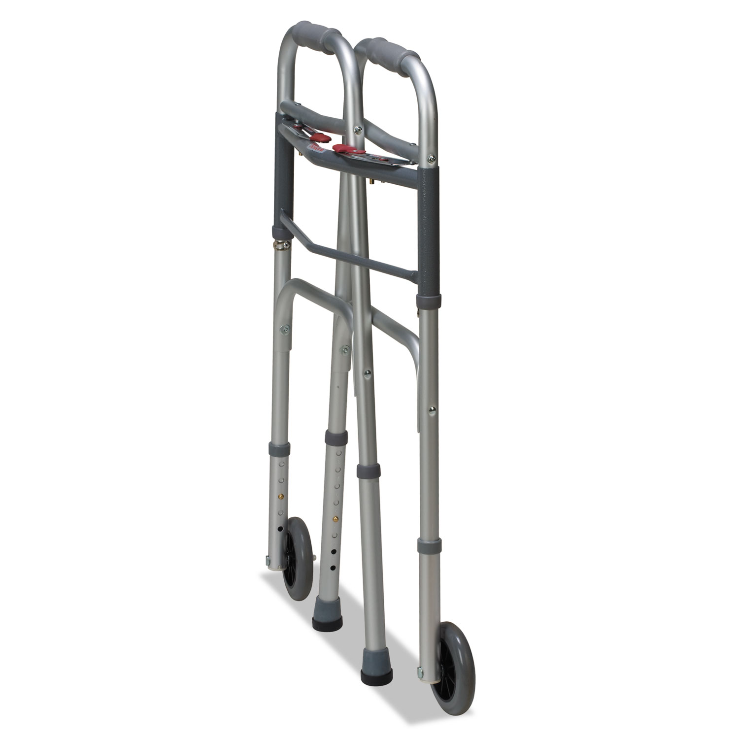 Two-Button Release Folding Walker with Wheels, Silver/Gray, Aluminum, 32-38H