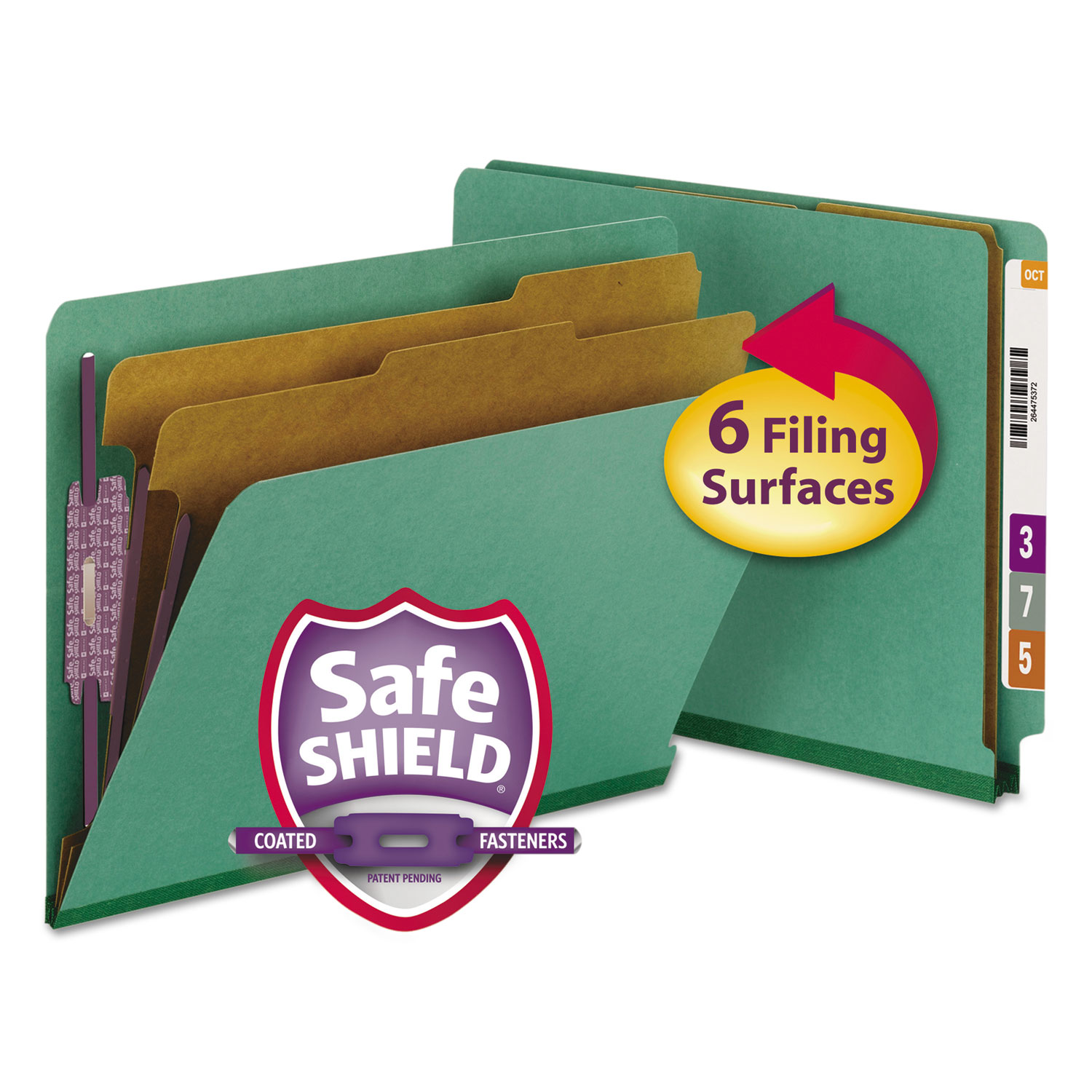  Smead 26785 End Tab Colored Pressboard Classification Folders with SafeSHIELD Coated Fasteners, 2 Dividers, Letter Size, Green, 10/Box (SMD26785) 