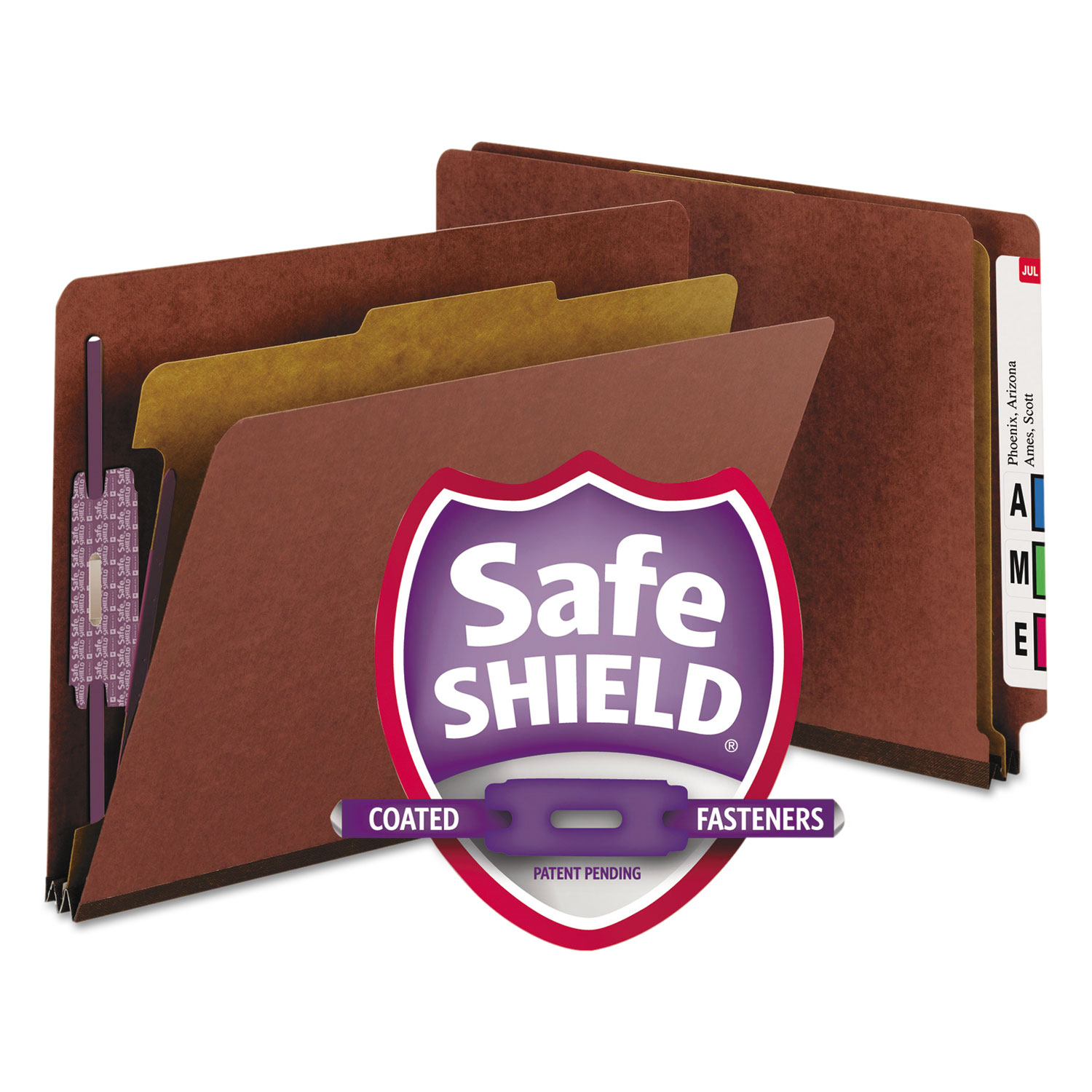 End Tab Pressboard Classification Folders with SafeSHIELD Coated Fasteners, 1 Divider, Letter Size, Red, 10/Box