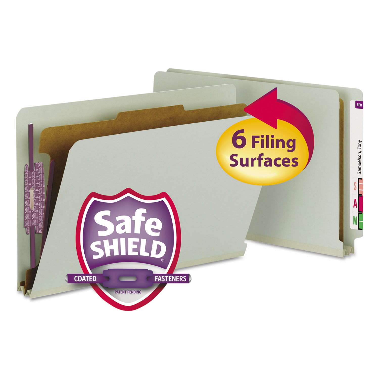  Smead 29800 End Tab Pressboard Classification Folders with SafeSHIELD Coated Fasteners, 1 Divider, Legal Size, Gray-Green, 10/Box (SMD29800) 