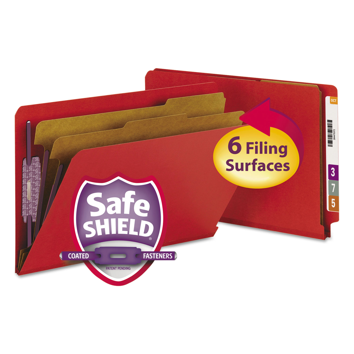  Smead 29783 End Tab Pressboard Classification Folders with SafeSHIELD Fasteners, 2 Dividers, Legal Size, Bright Red, 10/Box (SMD29783) 