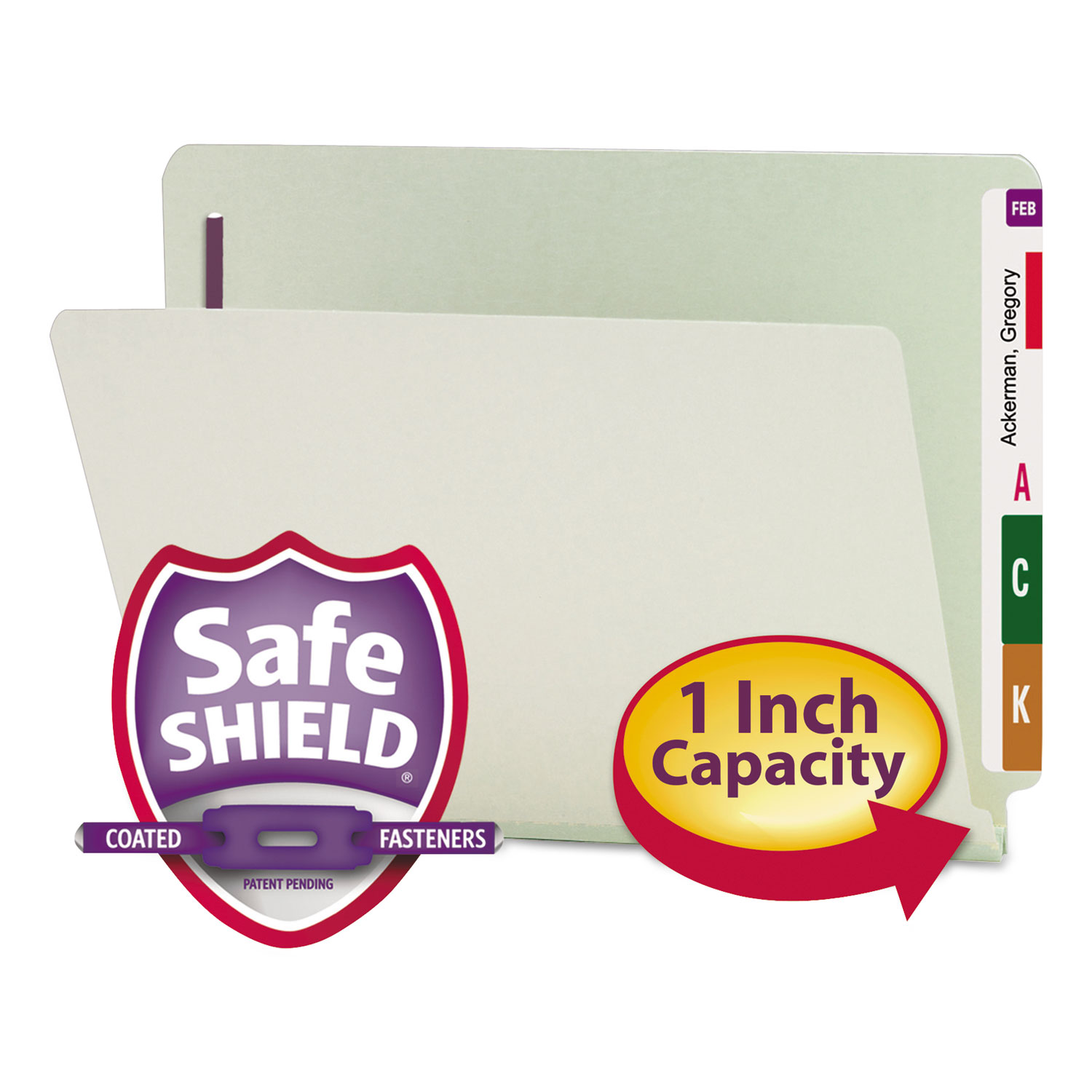 End Tab 1" Expansion Pressboard File Folders w/Two SafeSHIELD Coated Fasteners, Straight Tab, Letter Size, Gray-Green, 25/Box