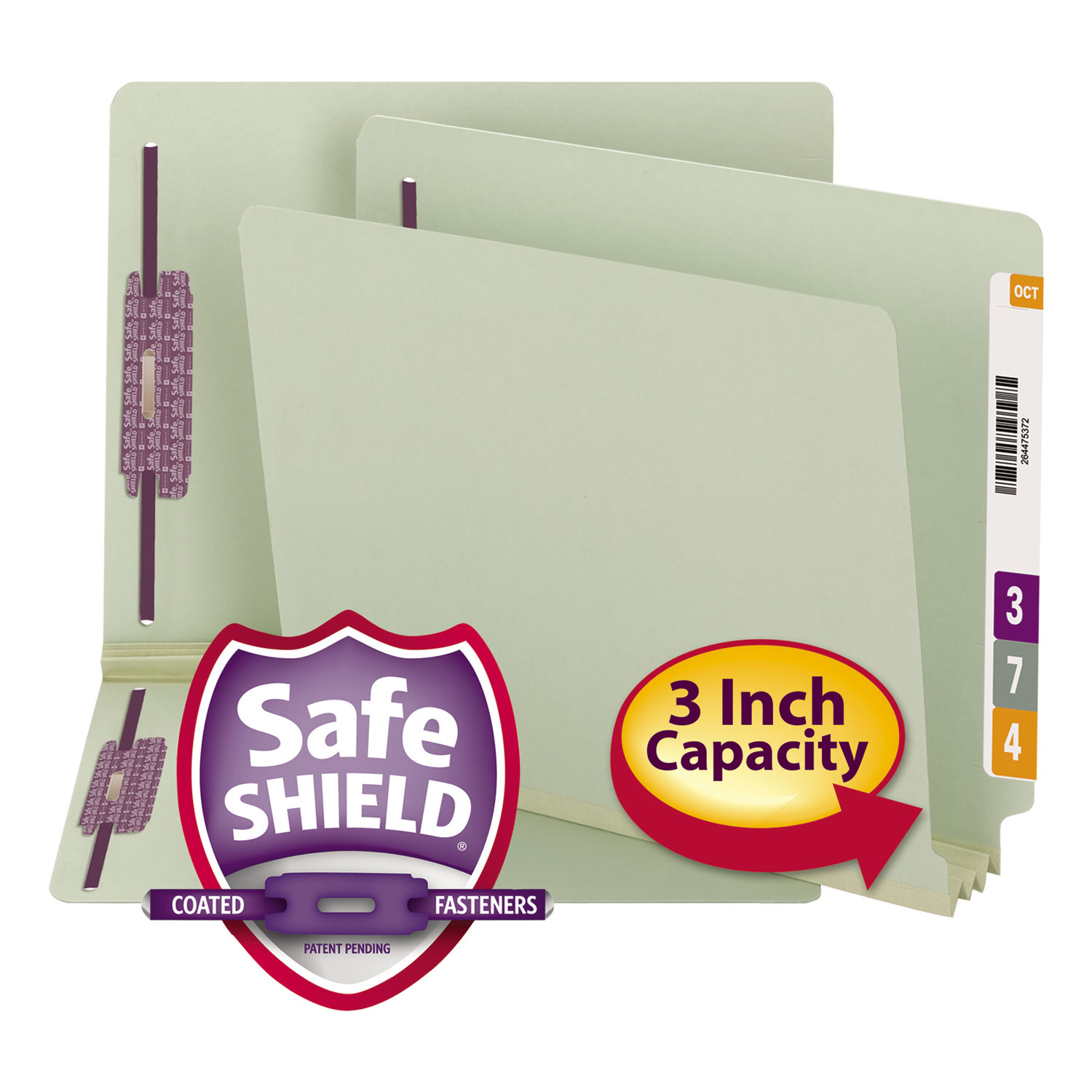 End Tab 3" Expansion Pressboard File Folders w/Two SafeSHIELD Coated Fasteners, Straight Tab, Letter Size, Gray-Green, 25/Box