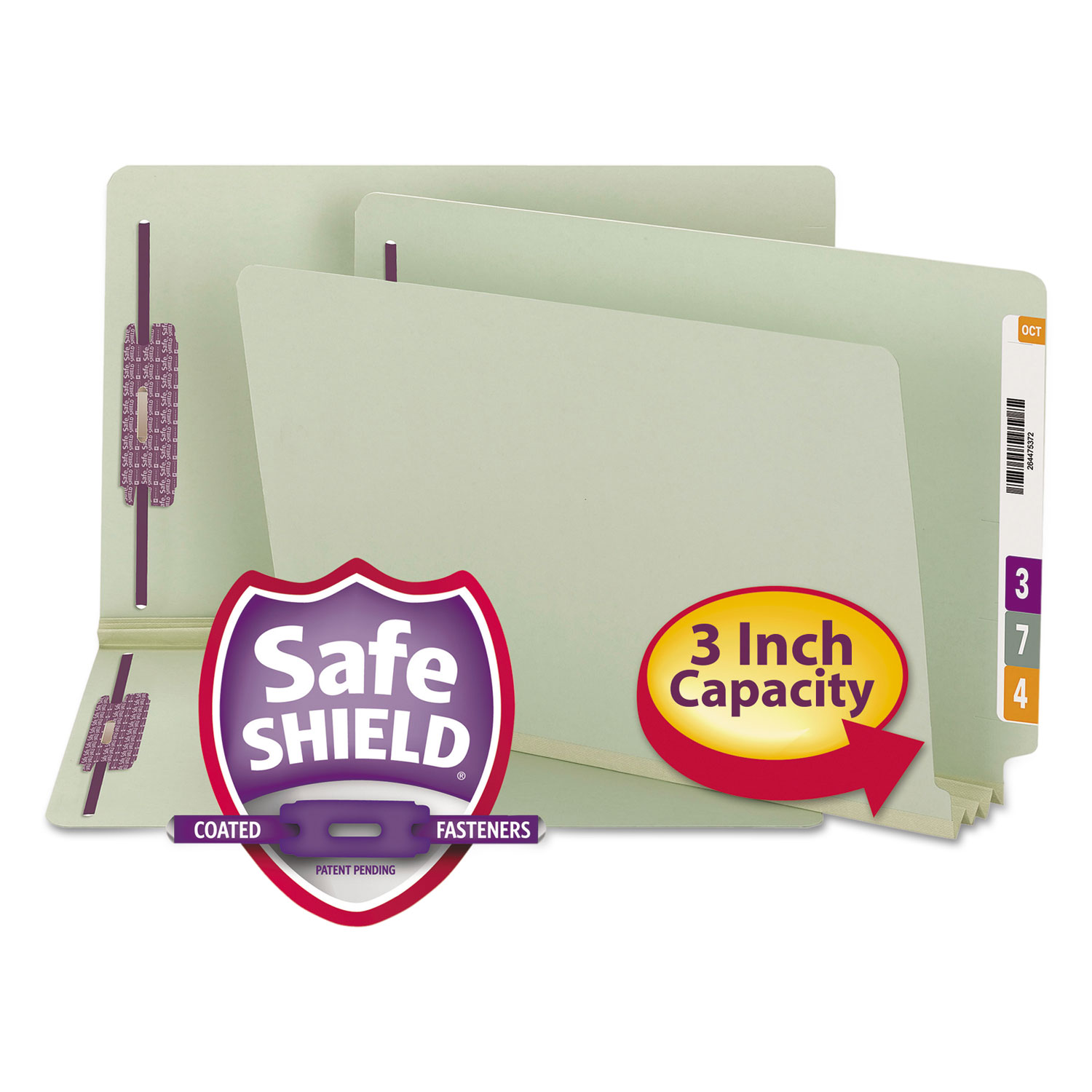 End Tab 3" Expansion Pressboard File Folders with Two SafeSHIELD Coated Fasteners, Straight Tab, Legal, Gray-Green, 25/Box