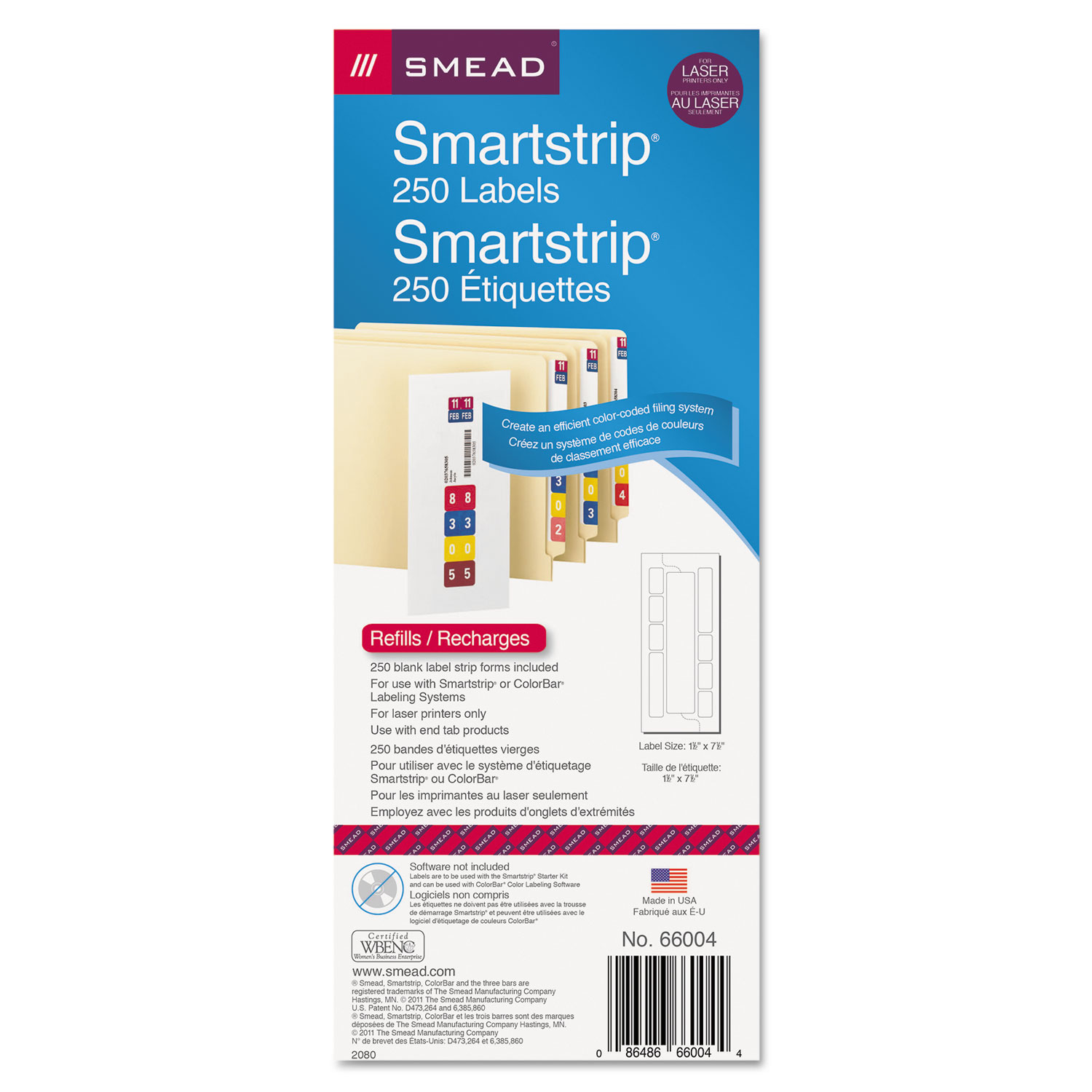  Smead 66004 Color-Coded Smartstrip Refill Label Forms, Laser Printer, Assorted, 1.5 x 7.5, White, 250/Pack (SMD66004) 