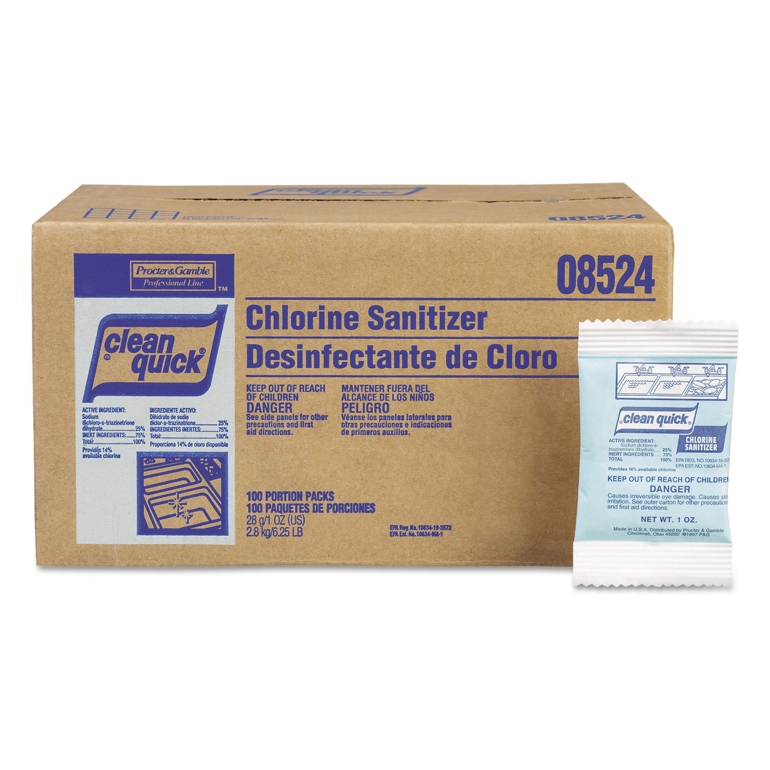  Clean Quick 02584 Powdered Chlorine-Based Sanitizer, 1oz Packet, 100/Carton (PGC02584) 