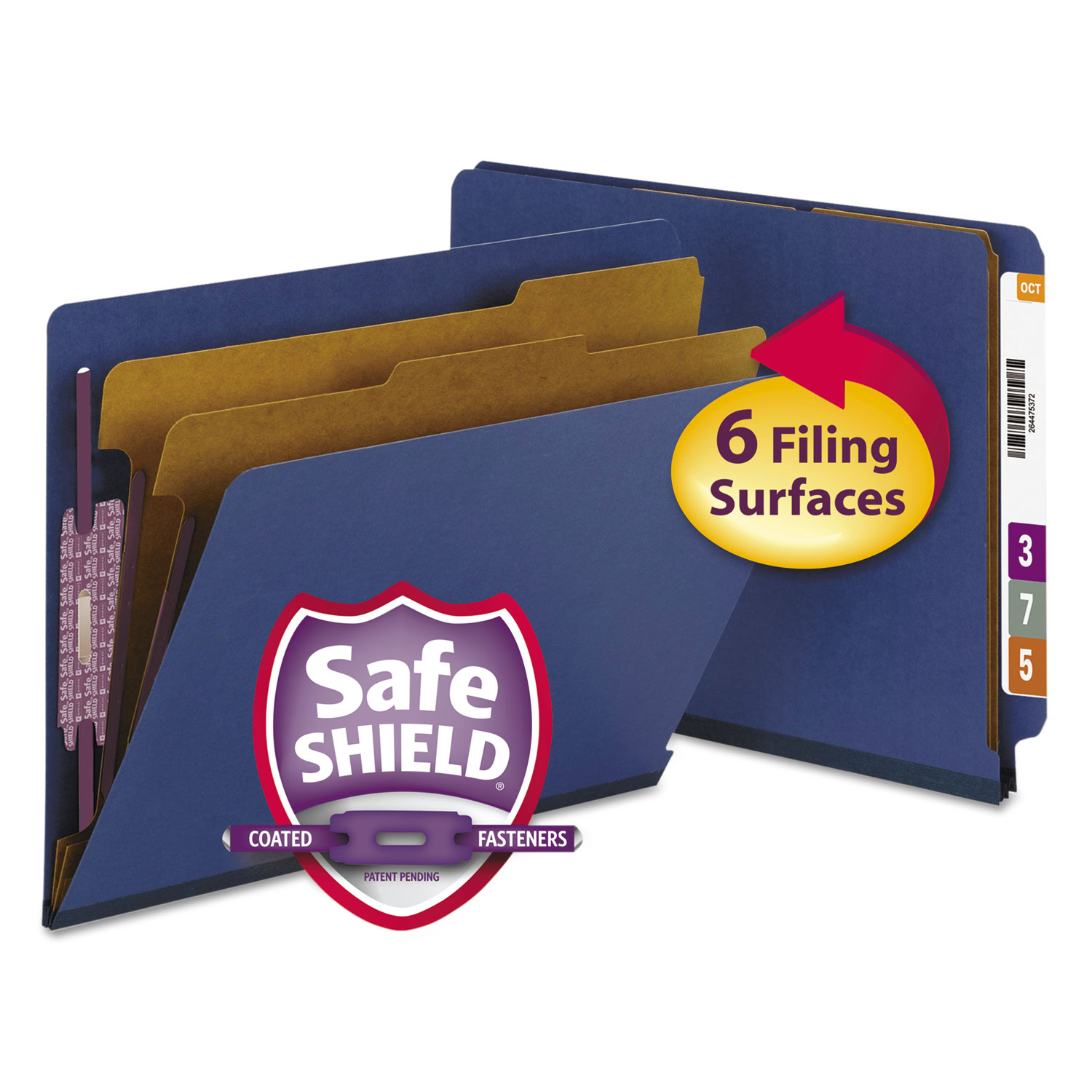  Smead 26784 End Tab Pressboard Classification Folders with SafeSHIELD Fasteners, 2 Dividers, Letter Size, Dark Blue, 10/Box (SMD26784) 