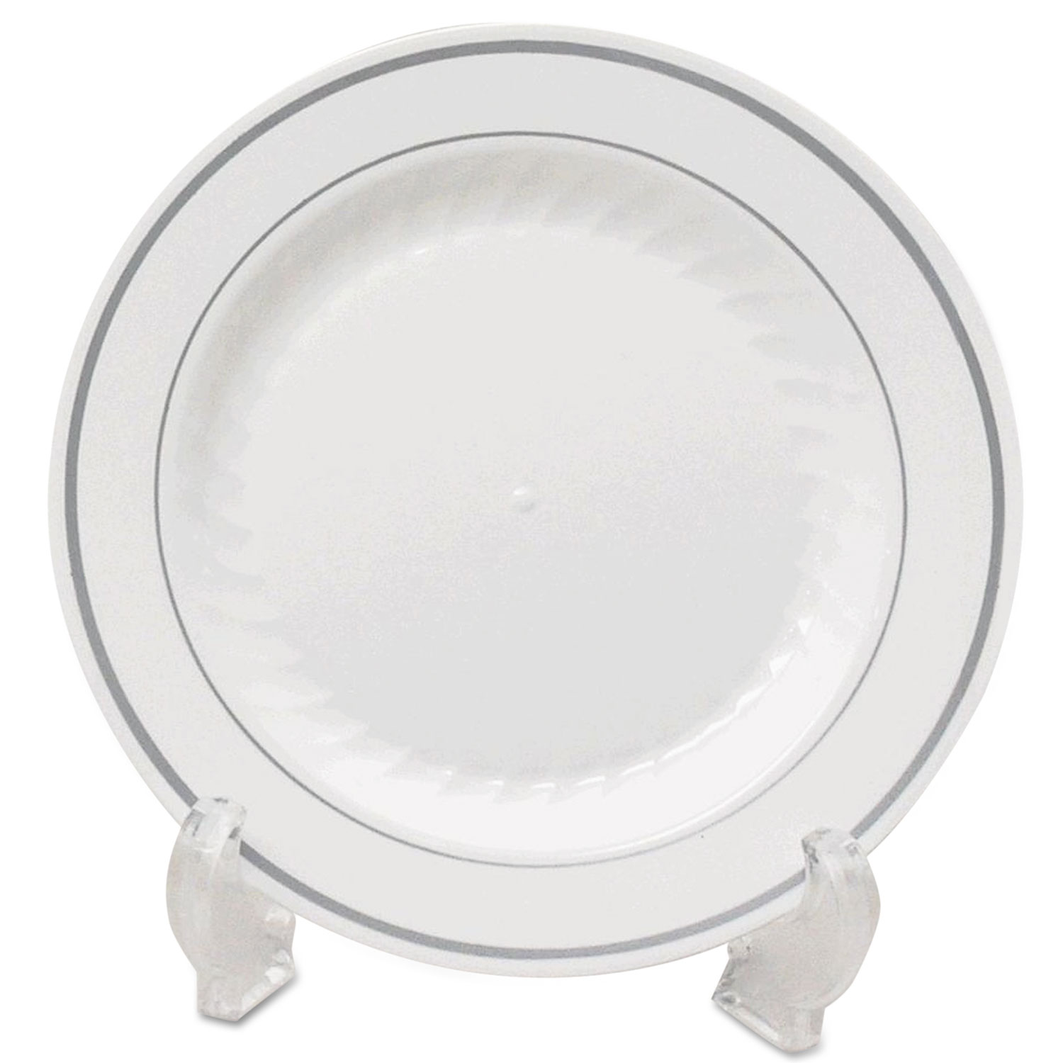 Masterpiece Plastic Dinnerware, Plate, 7.5" dia, White/Silver, 10/Pack, 15 Packs/Carton