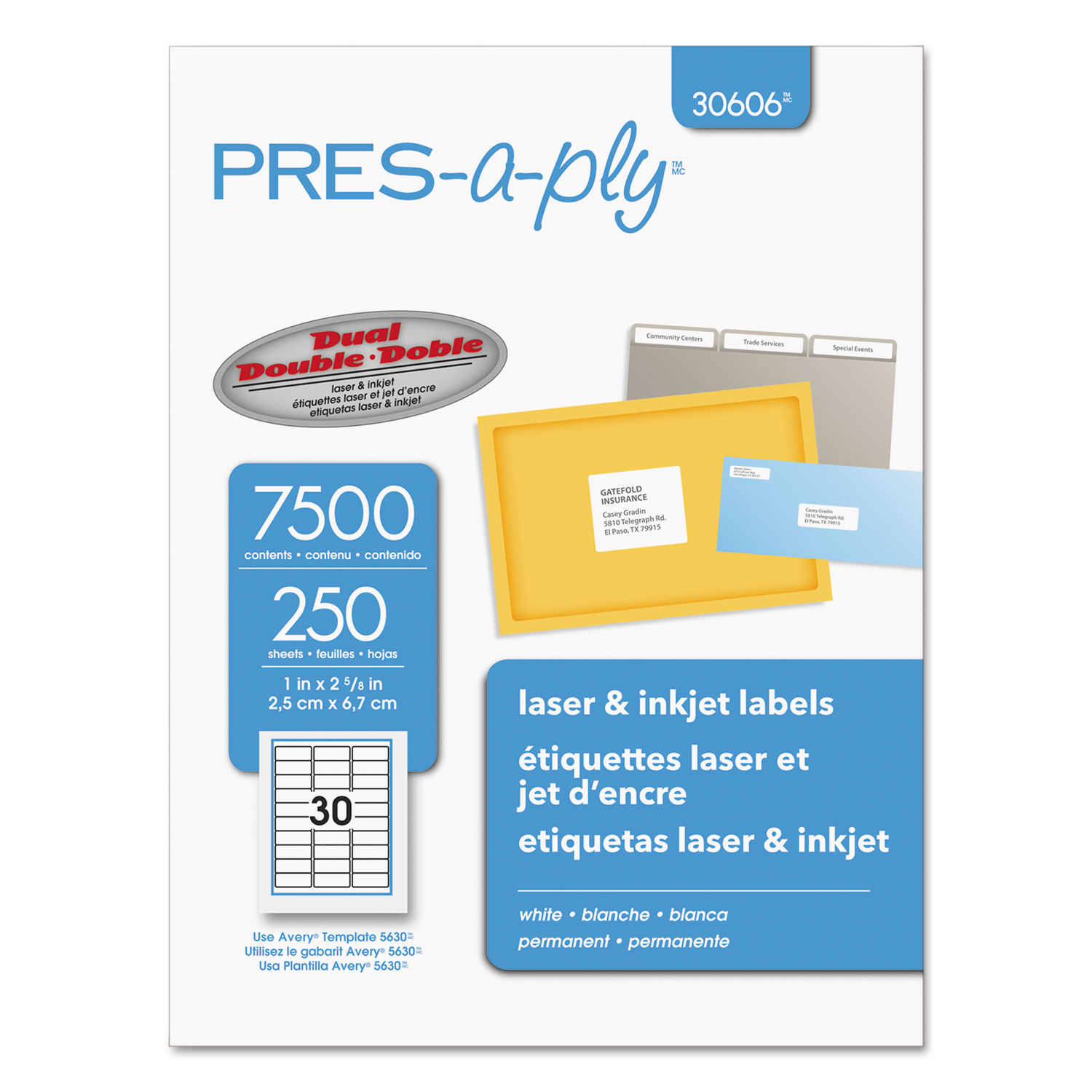  PRES-a-ply 30606 Labels, Laser Printers, 1 x 2.63, White, 30/Sheet, 250 Sheets/Box (AVE30606) 