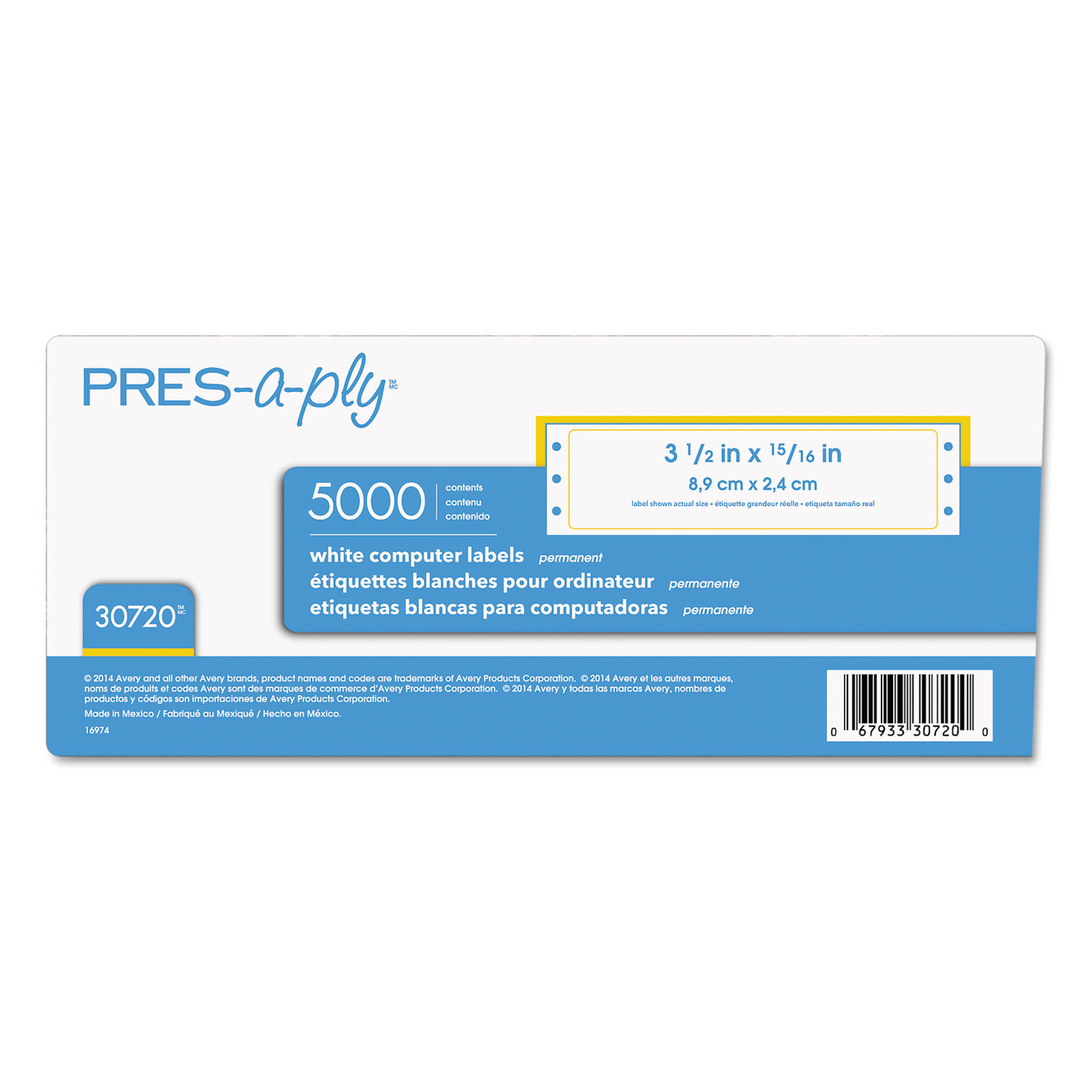  PRES-a-ply 30720 Dot Matrix Printer White Address Labels, Pin-Fed Printers, 0.94 x 3.5, White, 5,000/Box (AVE30720) 
