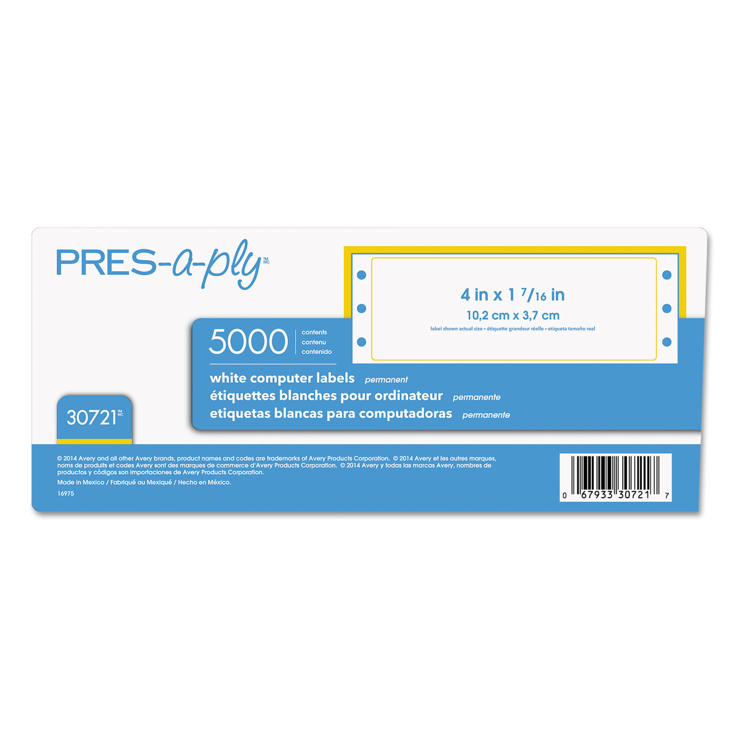 PRES-a-ply 30721 Dot Matrix Printer White Address Labels, Pin-Fed Printers, 1.44 x 4, White, 5,000/Box (AVE30721) 