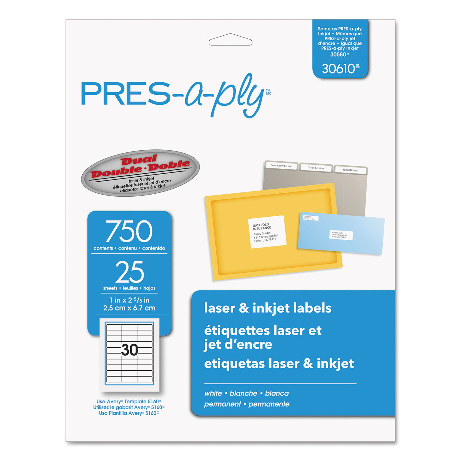  PRES-a-ply 30610 Labels, Laser Printers, 1 x 2.63, White, 30/Sheet, 25 Sheets/Pack (AVE30610) 