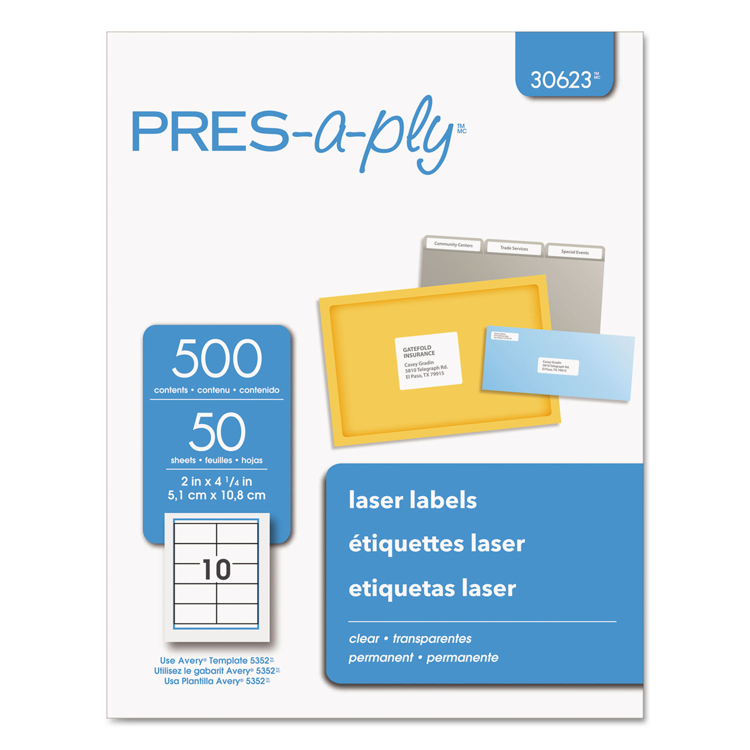  PRES-a-ply 30623 Labels, Laser Printers, 2 x 4.25, Clear, 10/Sheet, 50 Sheets/Box (AVE30623) 