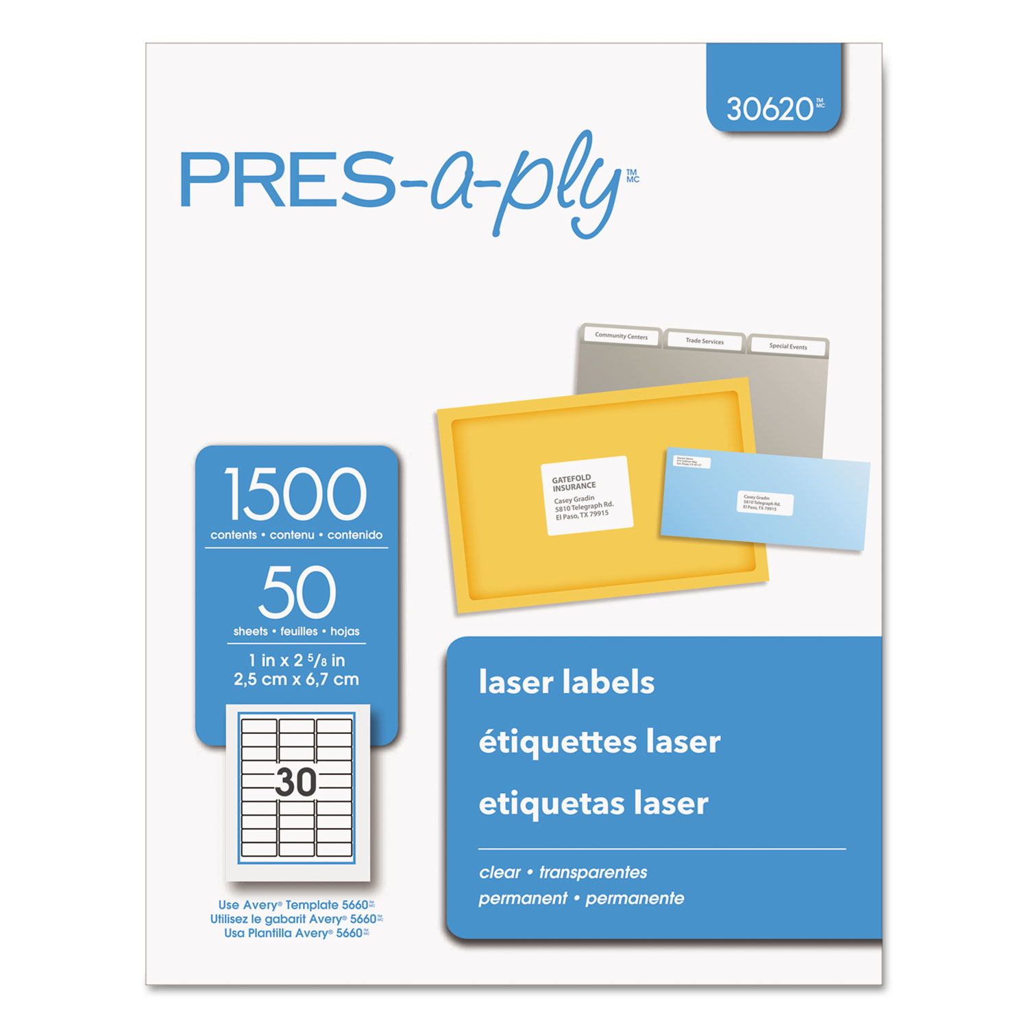  PRES-a-ply 30620 Labels, Laser Printers, 1 x 2.63, Clear, 30/Sheet, 50 Sheets/Box (AVE30620) 