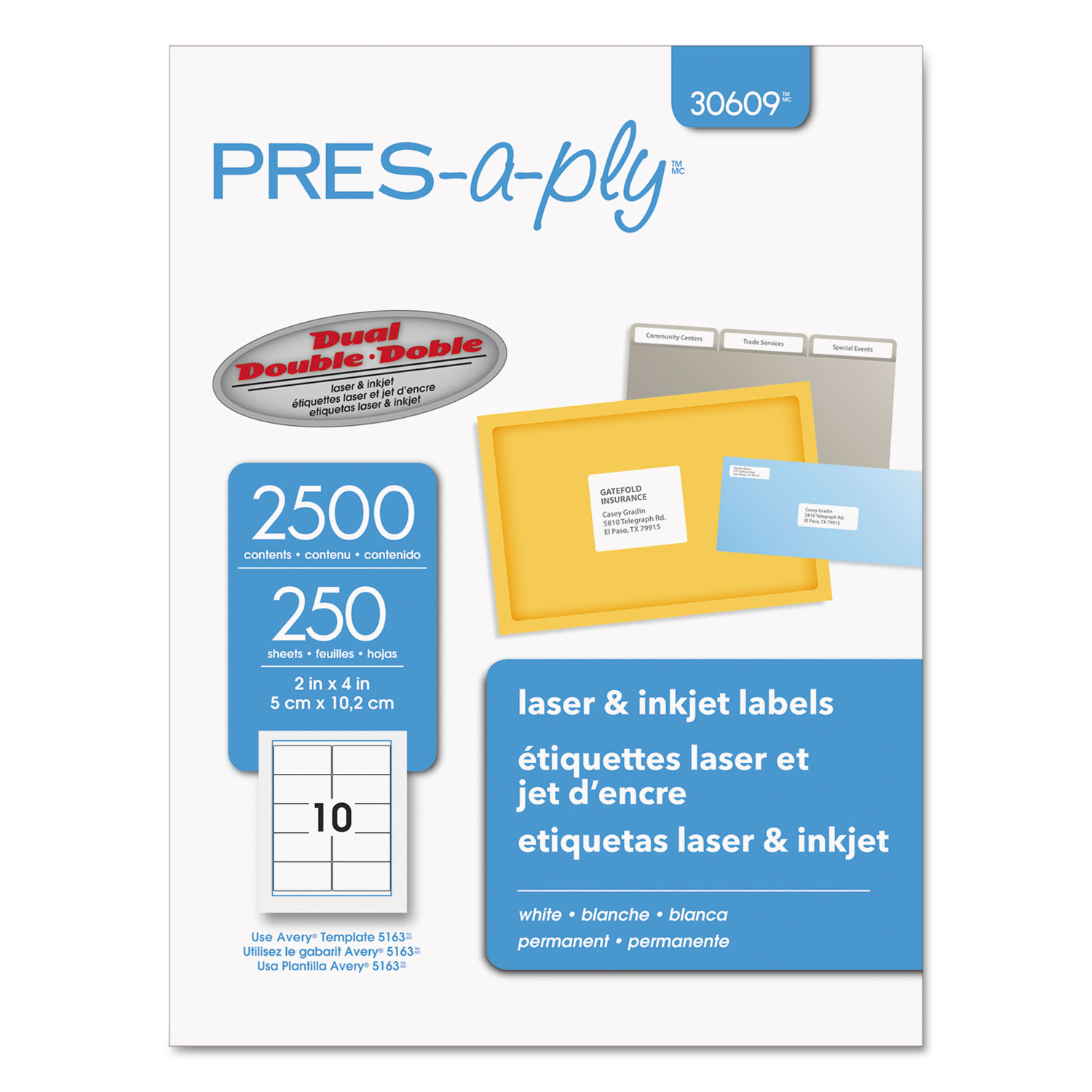  PRES-a-ply 30609 Labels, Laser Printers, 2 x 4, White, 10/Sheet, 250 Sheets/Box (AVE30609) 
