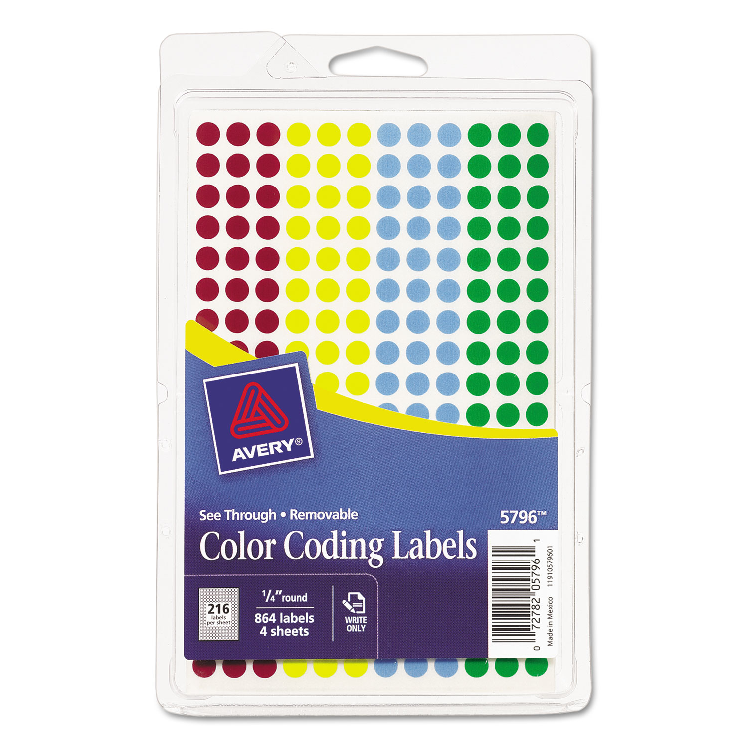  Avery 05796 Handwrite-Only Self-Adhesive See Through Removable Round Color Dots, 0.25 dia., Assorted Colors, 216/Sheet, 4 Sheets/Pack (AVE05796) 