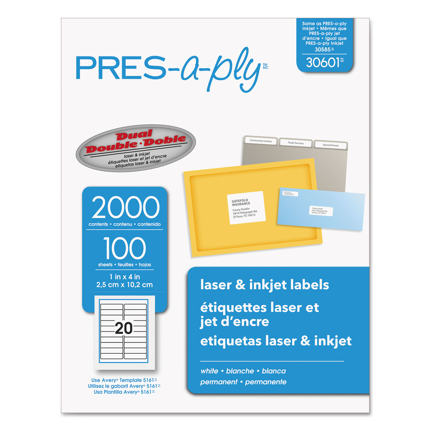  PRES-a-ply 30601 Labels, Laser Printers, 1 x 4, White, 20/Sheet, 100 Sheets/Box (AVE30601) 