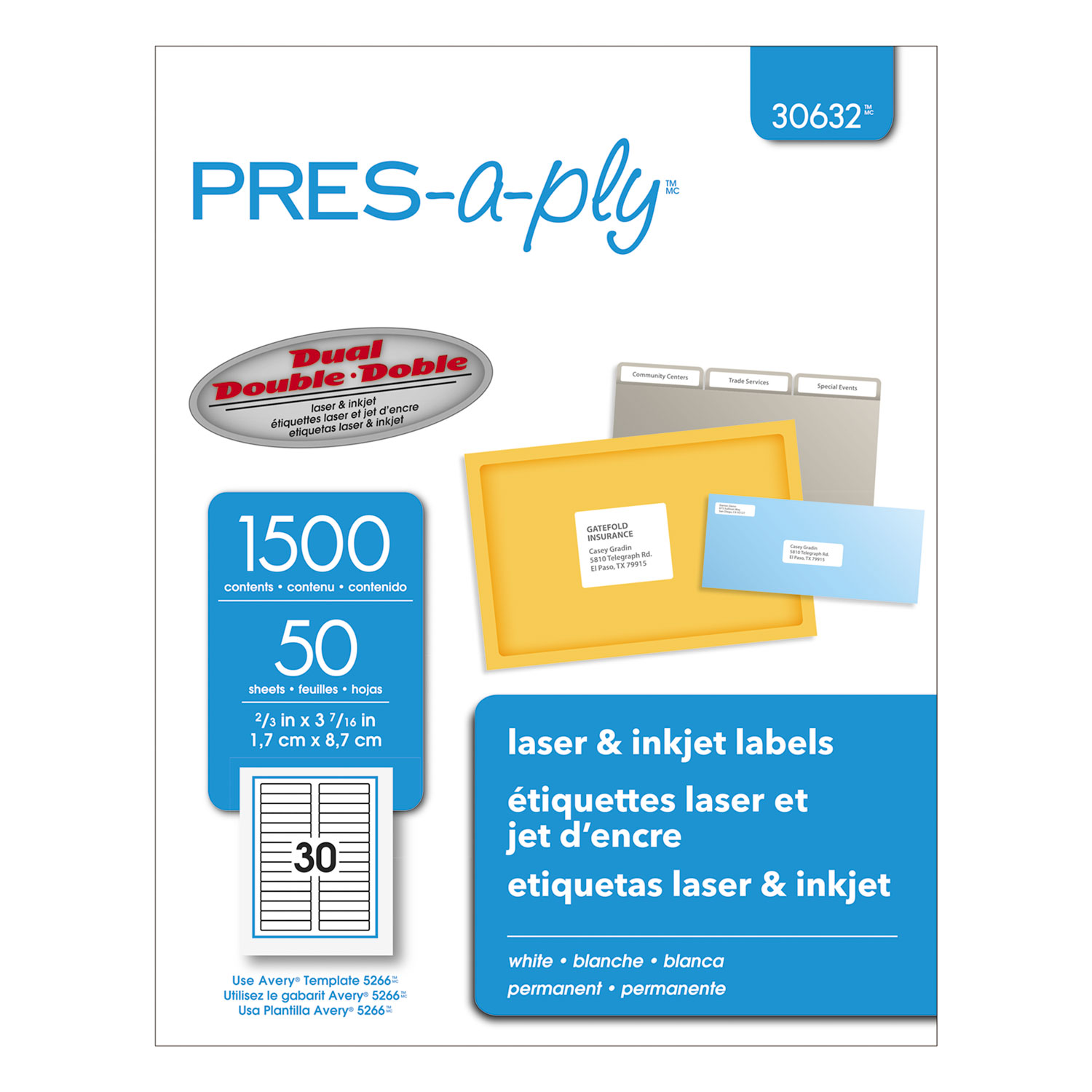  PRES-a-ply 30632 Labels, 0.66 x 3.44, White, 30/Sheet, 50 Sheets/Box (AVE30632) 